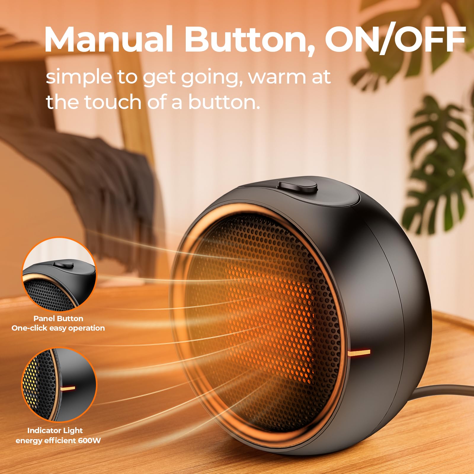 ASNUG Space Heater, Portable Electric Heaters for Indoor Use, PTC Ceramic Small Heater, 2S Efficient Heating, Tip-0ver & Overheat Protection, Quiet Mini Desk Heaters for Bathroom Home Office,Black