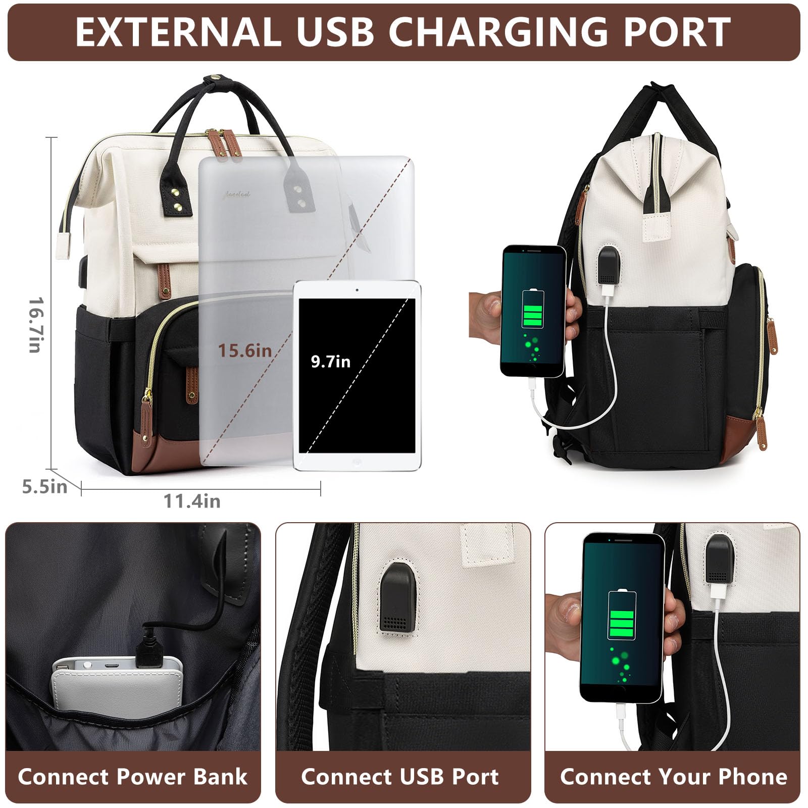 Laptop Backpack for Women Bag: 15.6 inch Work Travel Backpack with USB Charger College Bookbag Business Computer Backpack Anti-theft Casual Backpacks for Nurse Teacher Beige Black Brown