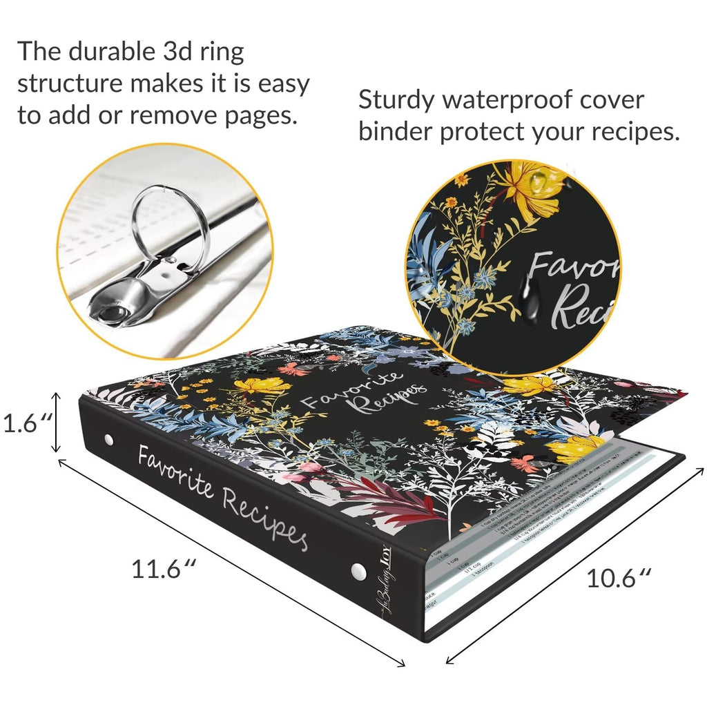 Recipe Binder with Plastic Sleeves, Full Page Cards and Dividers, Recipe Binder 8.5x11 3 Ring, Blank Recipe Book Binder to Write in Your Own Recipes (Blossom)