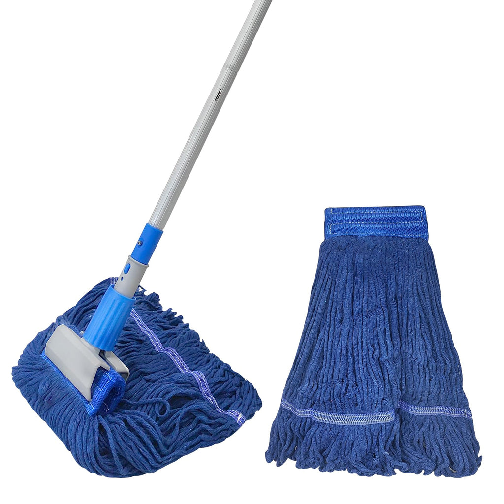 KLHB-YF Blue Heavy-Duty Cotton Mop Set - 59-Inch Durable Handle + 2 Reusable Cotton Mop Heads, Multi-Surface Cleaning for Home, Garage, Office, Workshop & Warehouse Floors