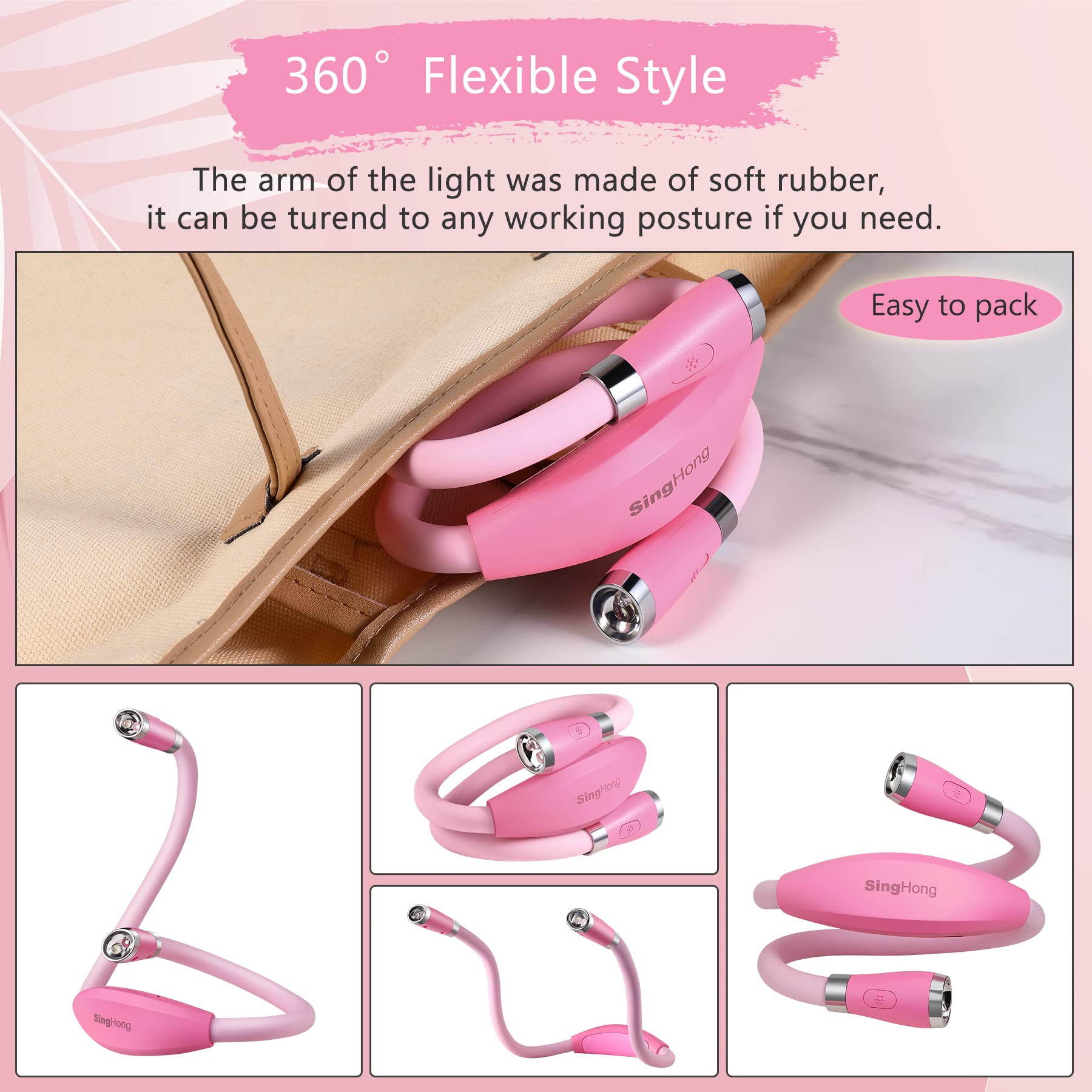 SingHong LED Neck Light, Book Light, Reading Lamp, USB-C Rechargeable, Hands Free, 4 LED Bulbs, 4 Adjustable Brightness, for Knitting, Crafting, Crochet and Reading in Bed (Pink)
