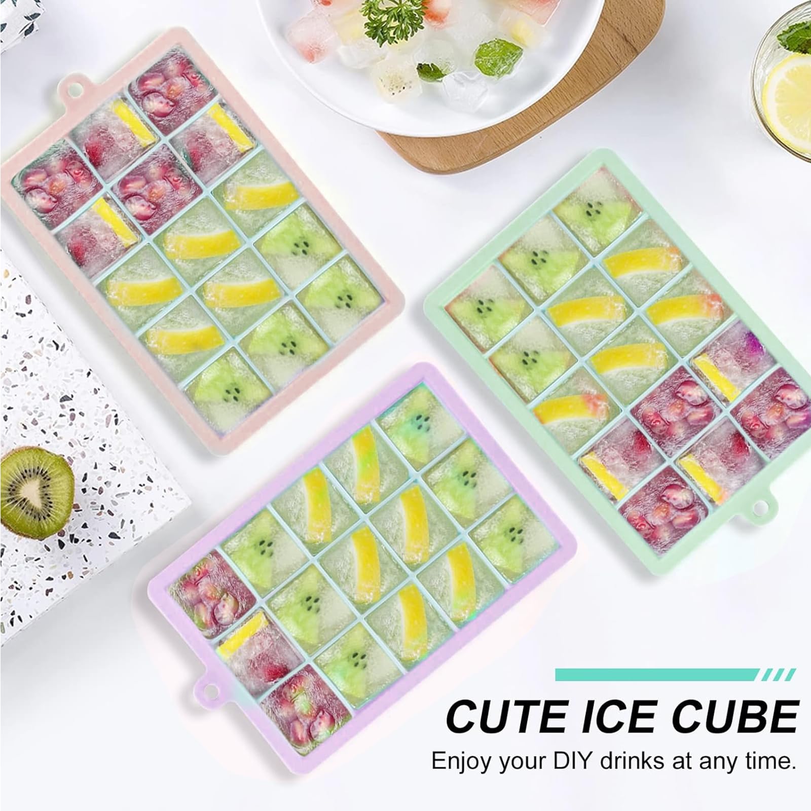 KGYMJR 3Pcs Silicone Ice Cube Tray, Square Ice Cube Tray with Lid, Reusable Ice Cube Molds for DIY Cold Drinks. (Small ice Cubes, Count, 15)