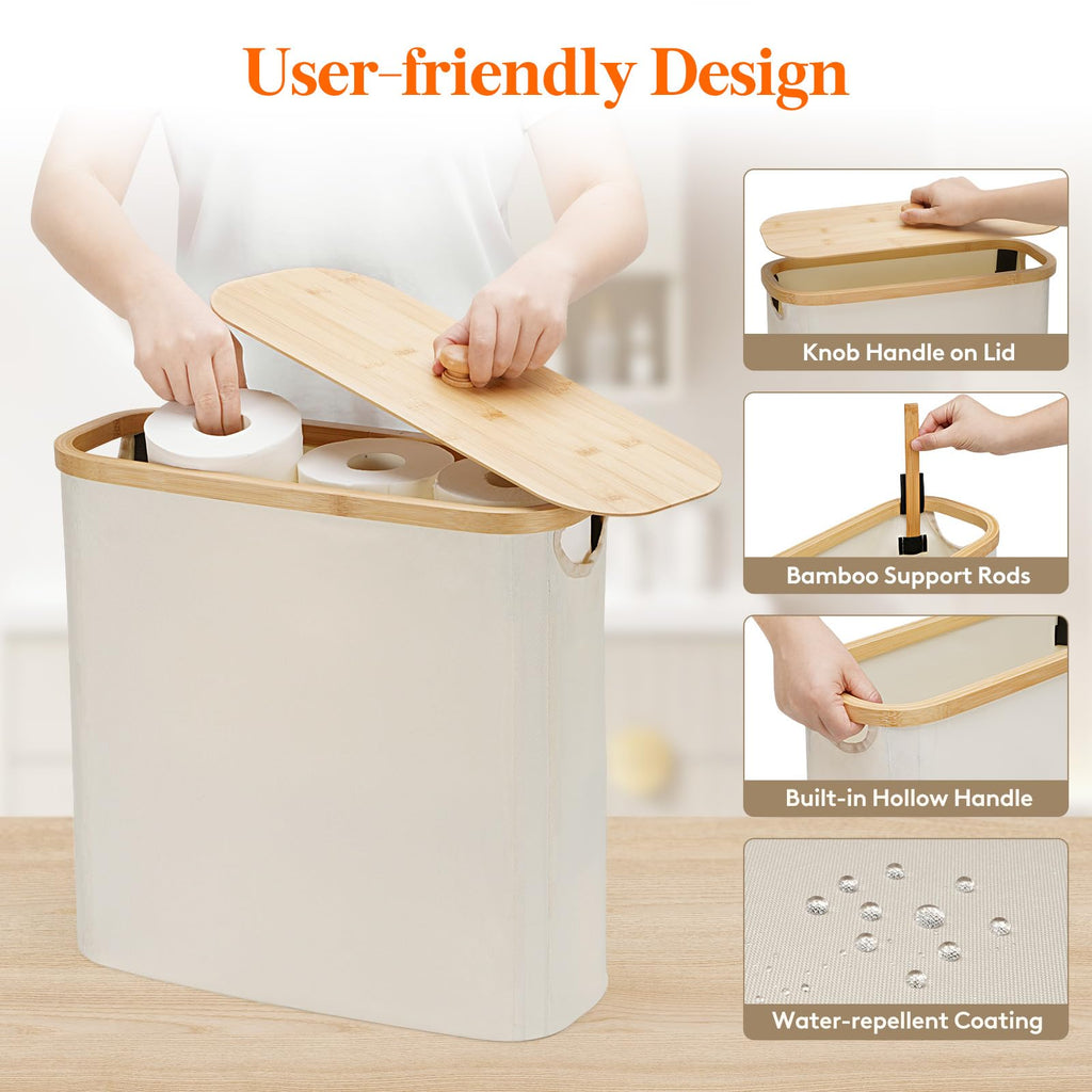 Lifewit Toilet Paper Storage Holder for 12 to 16 Rolls, Free Standing Toilet Paper Basket Stand with Bamboo Lid, Collapsible Fabric Bathroom Organizer Box for Mega Rolls, 30L, Extra Large, White