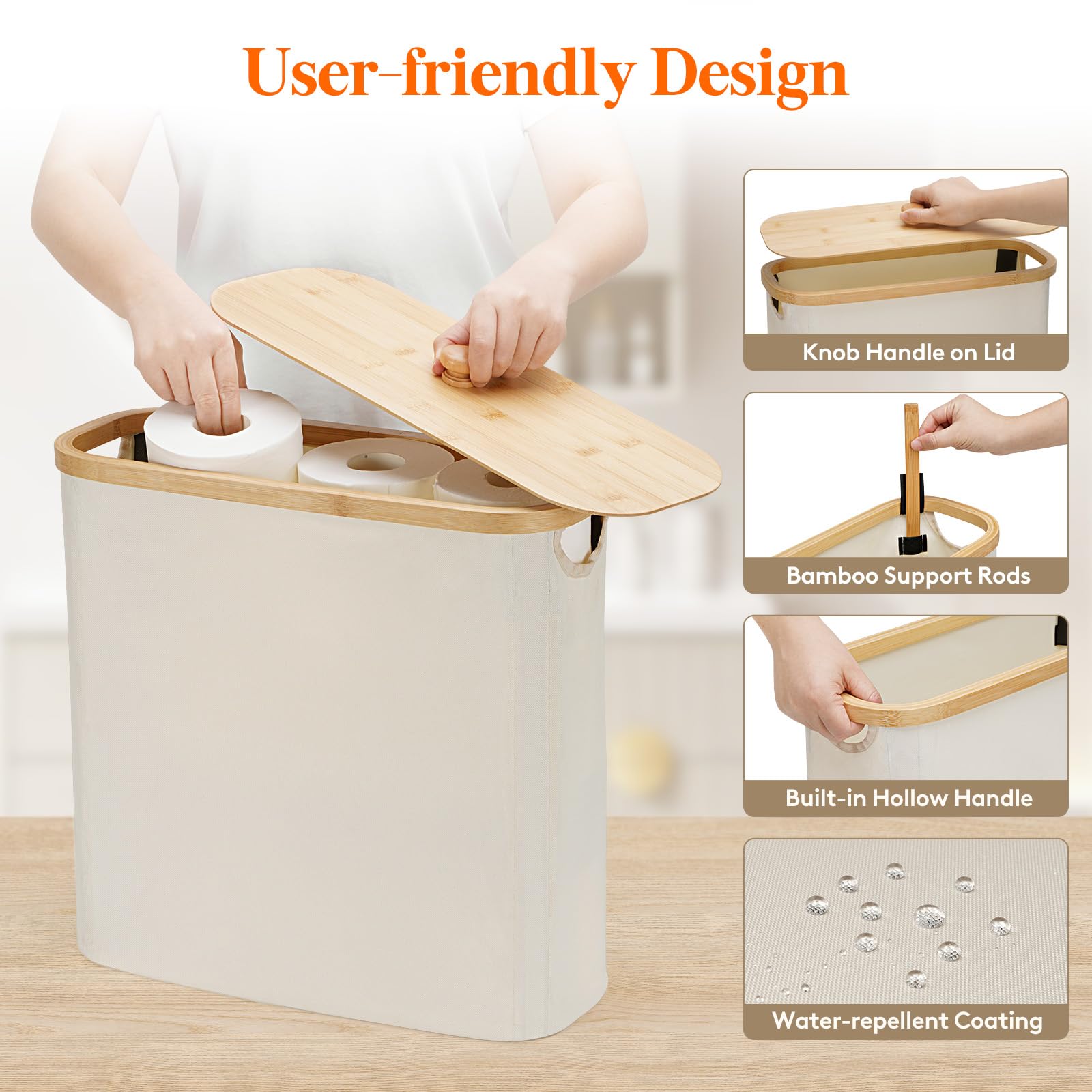 Lifewit Toilet Paper Storage Holder for 12 to 16 Rolls, Free Standing Toilet Paper Basket Stand with Bamboo Lid, Collapsible Fabric Bathroom Organizer Box for Mega Rolls, 30L, Extra Large, White
