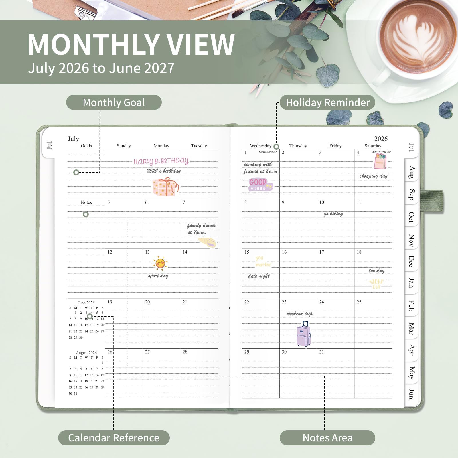 Planner 2026-2027, Weekly and Monthly Planner with Tabs from Jan 2026 - Dec 2026, A5 Hardcover Academic Calendar with Date for School & Office Schedule, 5.8" x 8.3", Sage Green