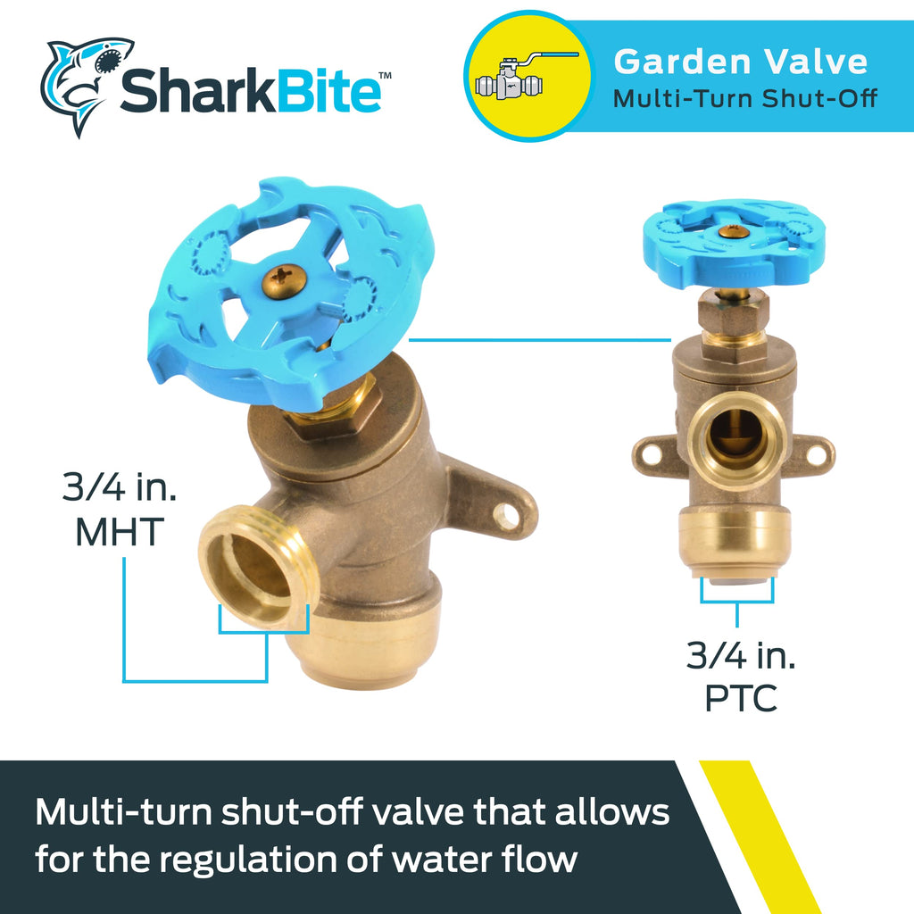 SharkBite 3/4 Inch x 3/4 Inch MHT Garden Valve, Multi Turn, Push to Connect Brass Plumbing Fitting, PEX Pipe, Copper, CPVC, PE-RT, HDPE, 24623LF