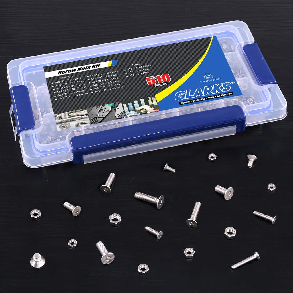 Glarks 510Pcs Metric M3 M4 M5 304 Stainless Steel Flat Head Countersunk Socket Cap Bolts Screws Nuts Assortment Kit, Allen Hex Drive