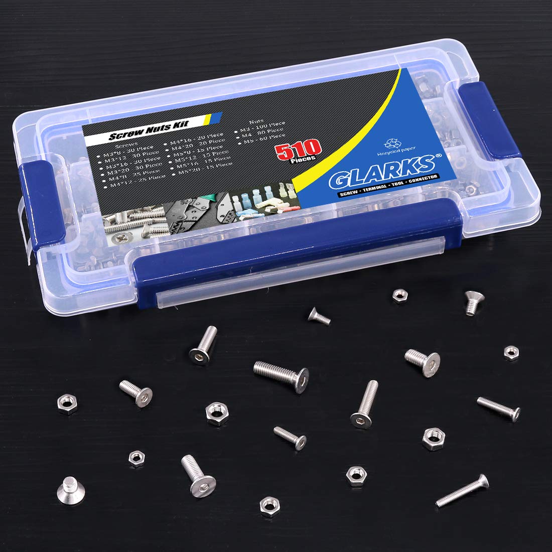 Glarks 510Pcs Metric M3 M4 M5 304 Stainless Steel Flat Head Countersunk Socket Cap Bolts Screws Nuts Assortment Kit, Allen Hex Drive