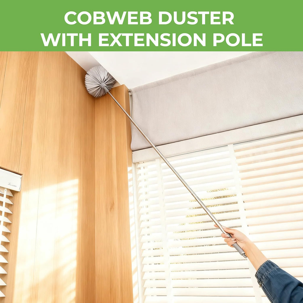 DNACHEW Cobweb Duster with Extension Pole, Spider Web Brush & Ceiling Cleaning Kit, 100" Microfiber Feather Duster Cleaner with Washable Head for Ceiling Fan, Furniture, Home