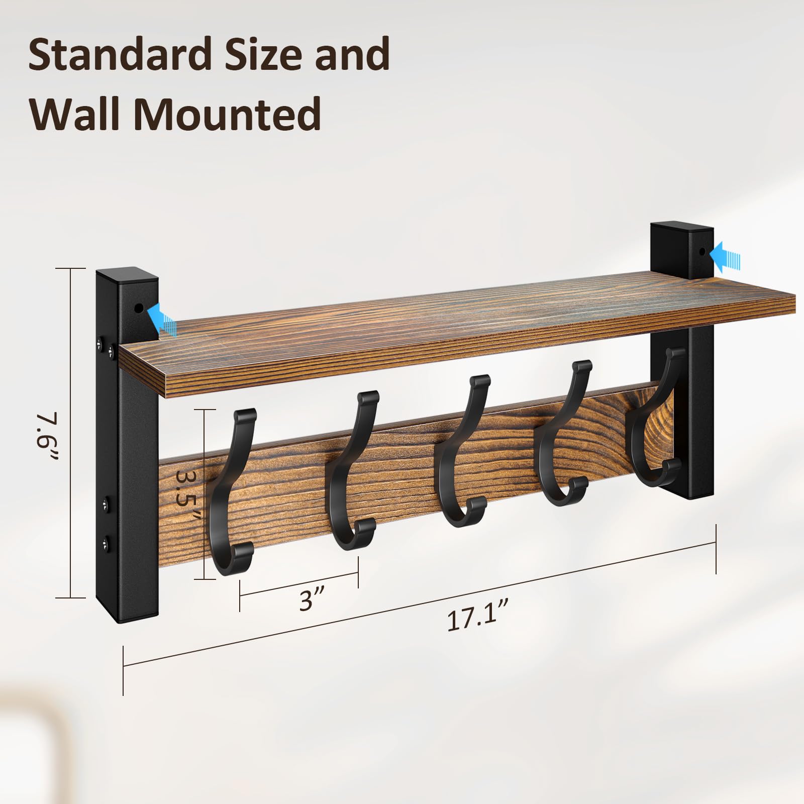Coat Rack Wall Mount with Shelf, 17.1 Inch Coat Hanger Walls Mounted, Hat Rack for Walls, Shelf with 5 Coat Hooks, Wall Hanger for Entryway (Brown)