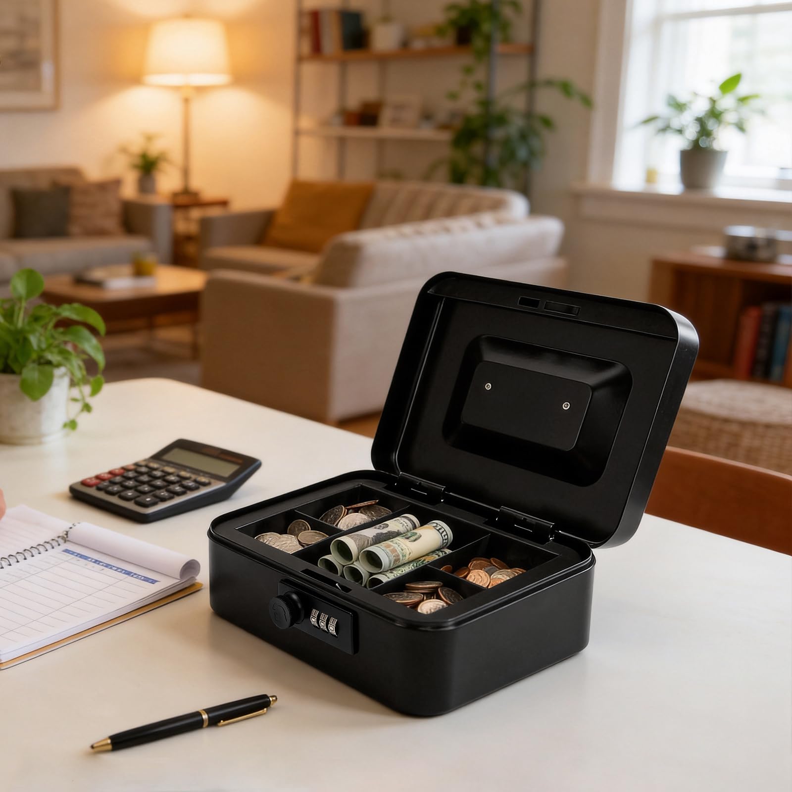 Jssmst Small Cash Box with Combination Lock – Durable Metal Cash Box with Money Tray Black,7.87 x 6.3 x 3.35 inches, CB0701M