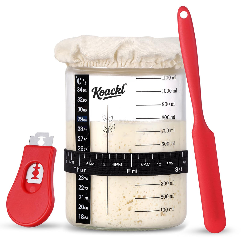 KOACKL Sourdough Starter Jar, 40oz/1200ml Sourdough Starter Kit with Magnetic Bread Lame, Thermometer, Long Scraper, Cloth Cover & Lid for Sourdough Bread Baking Supplies