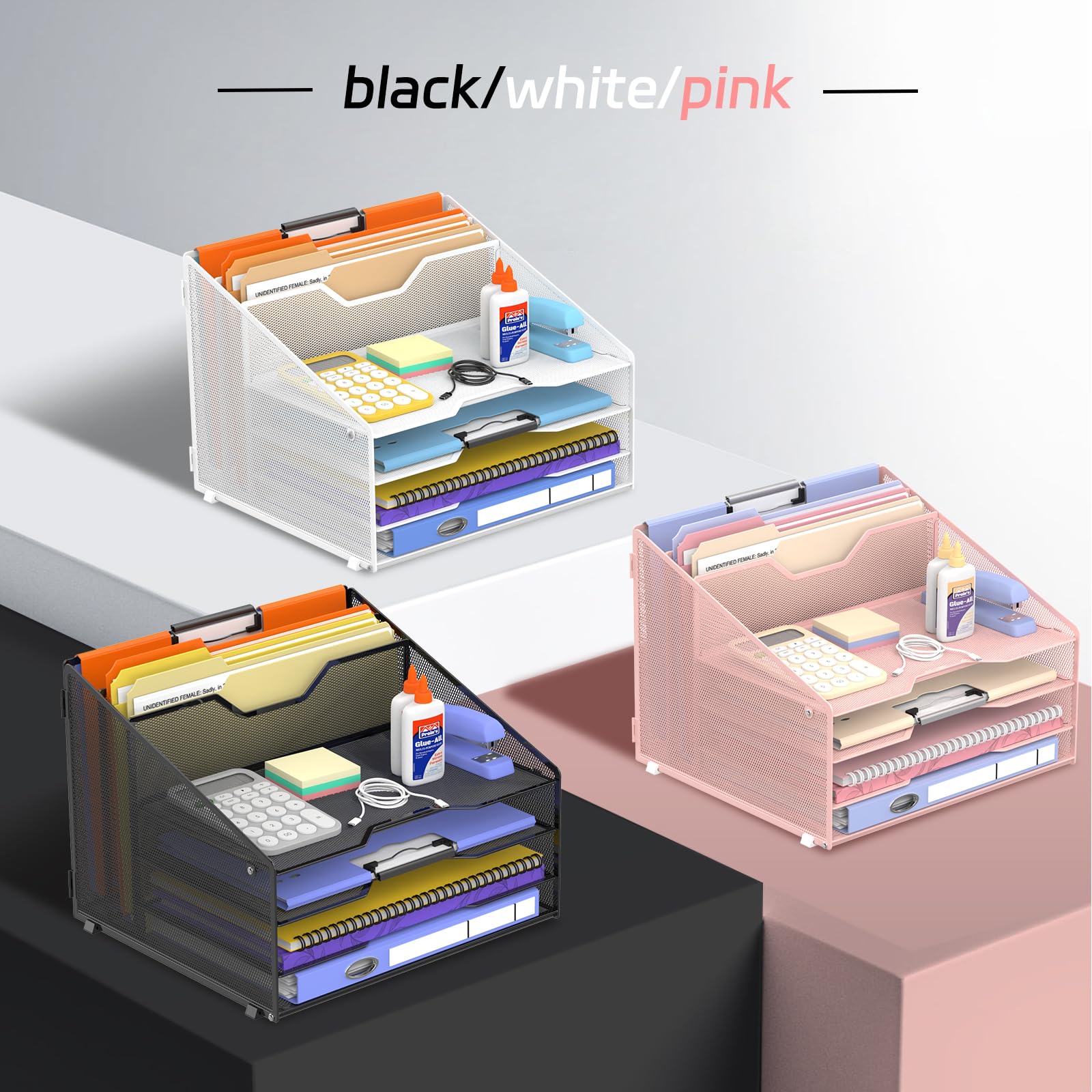 4-Tier Desk Organizer with File Holder, Desktop Letter Tray Holder with 3 Paper Trays and 2 Vertical Section for Folder, Black