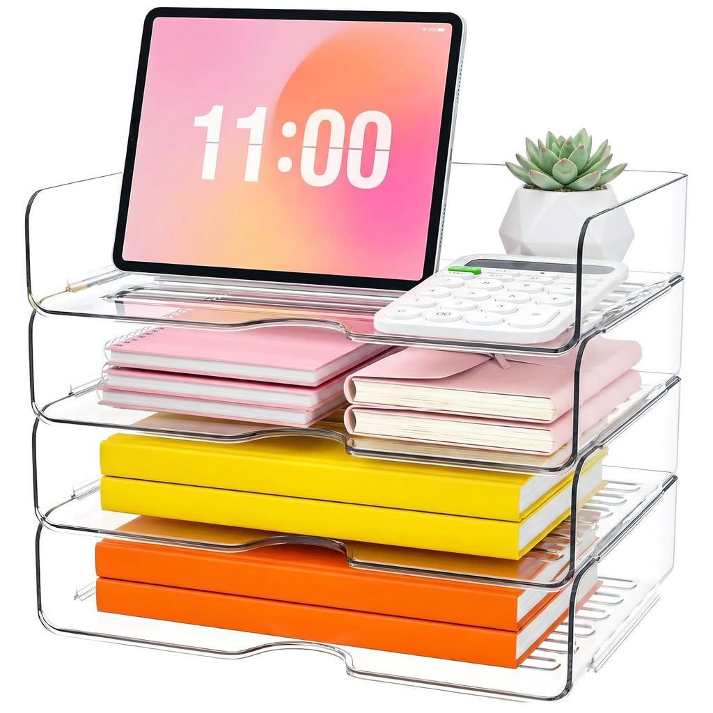 4-Tier Acrylic Paper Tray Organizer, Clear Stackable Desk Organizers for Documents, Letters, A4 Papers, Office Storage Organizers