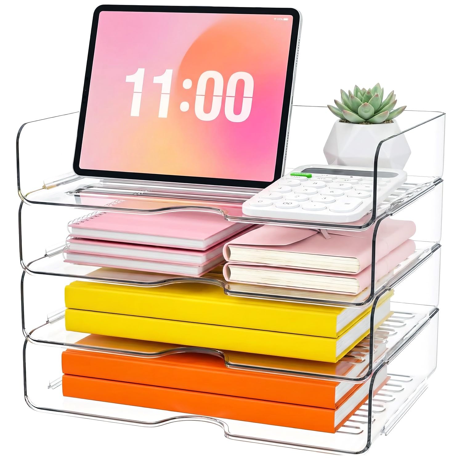 4-Tier Acrylic Paper Tray Organizer, Clear Stackable Desk Organizers for Documents, Letters, A4 Papers, Office Storage Organizers