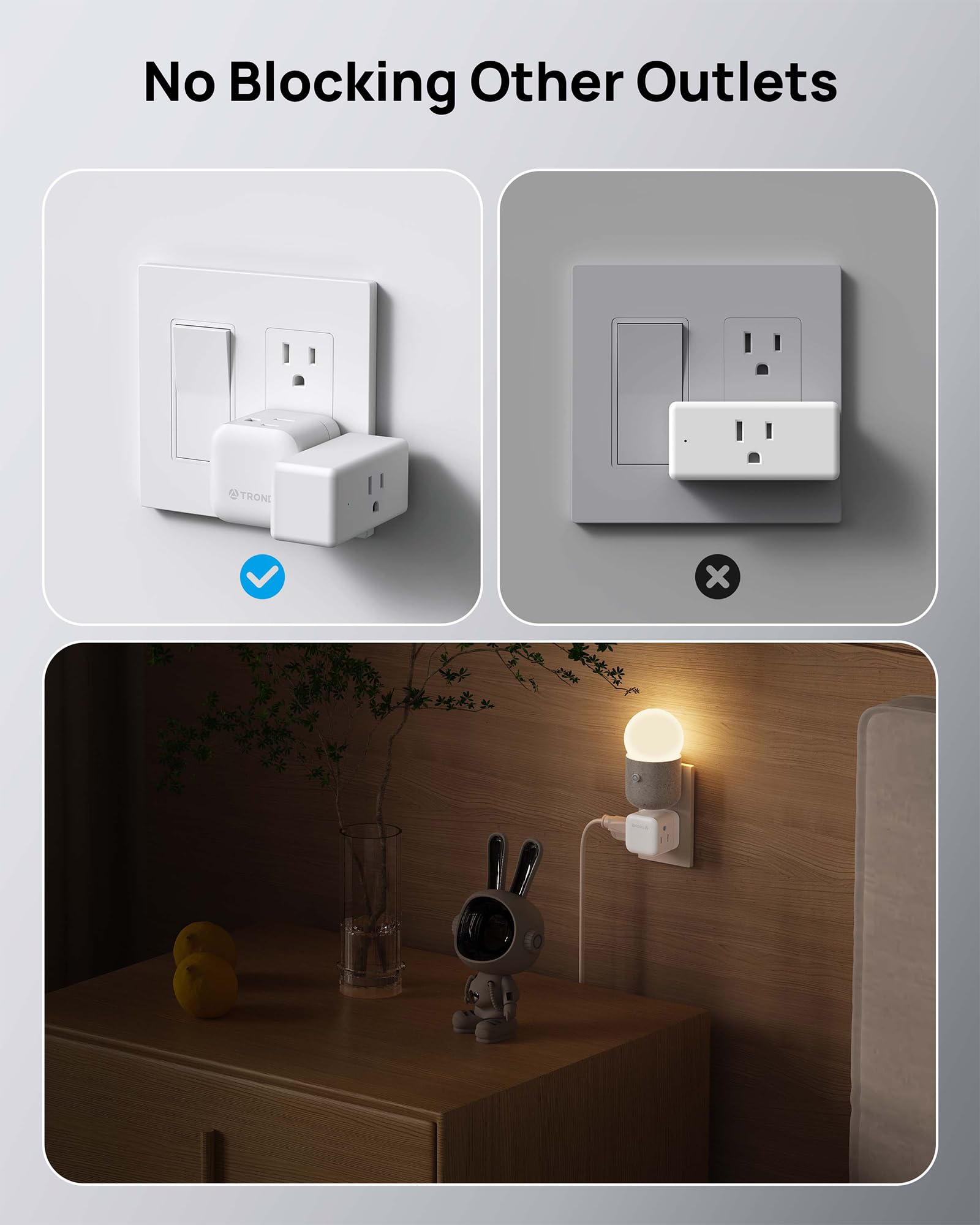 TROND Multi Plug Outlet Extender 2 Pack, 360° Rotating Plug Wall Adapter, 3 Way Outlet Splitter, 3-Sided Small Power Expander for Home Office Dorm Room, No Surge Protector for Cruise Travel Essentials