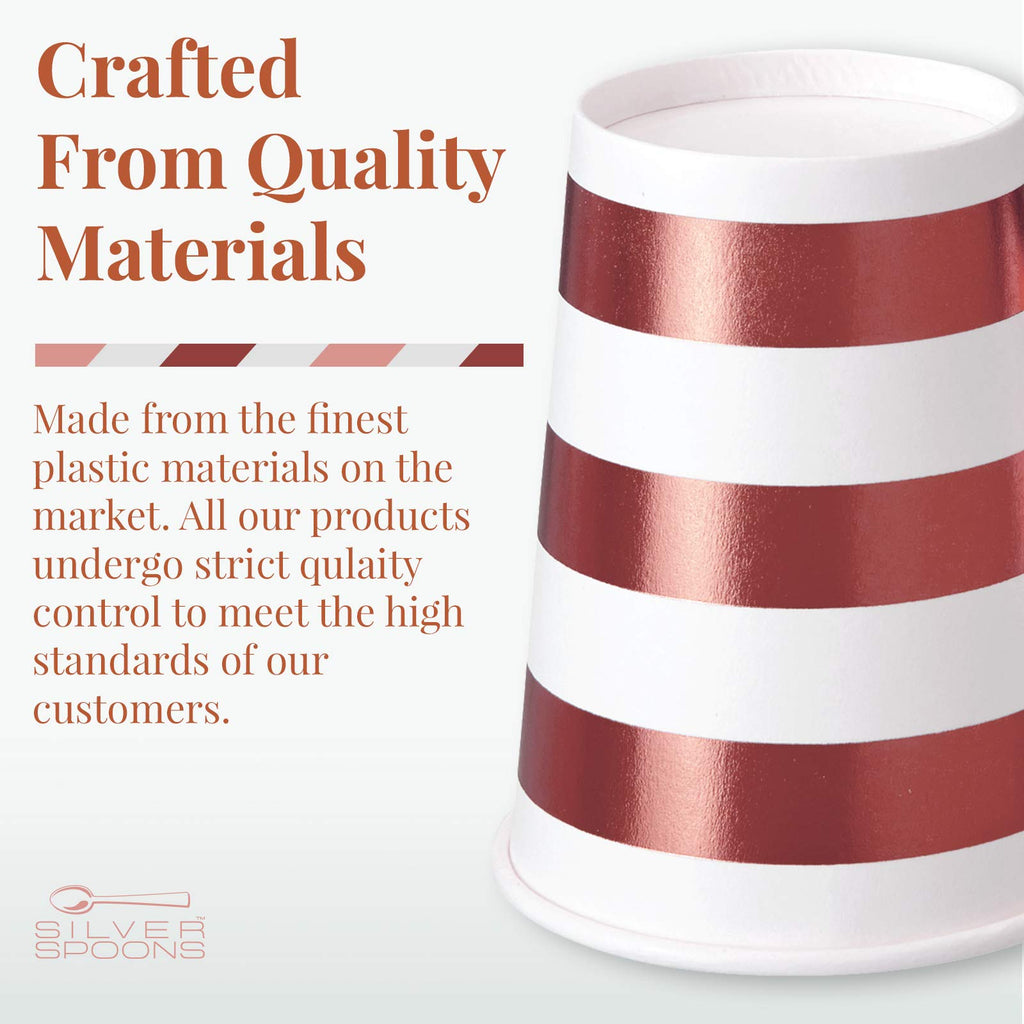 SILVER SPOONS Party Disposable Decorative HOT Cups | 9 oz | Metallic Rose Gold Stripe | for Upscale Parties and Events | 24 pc