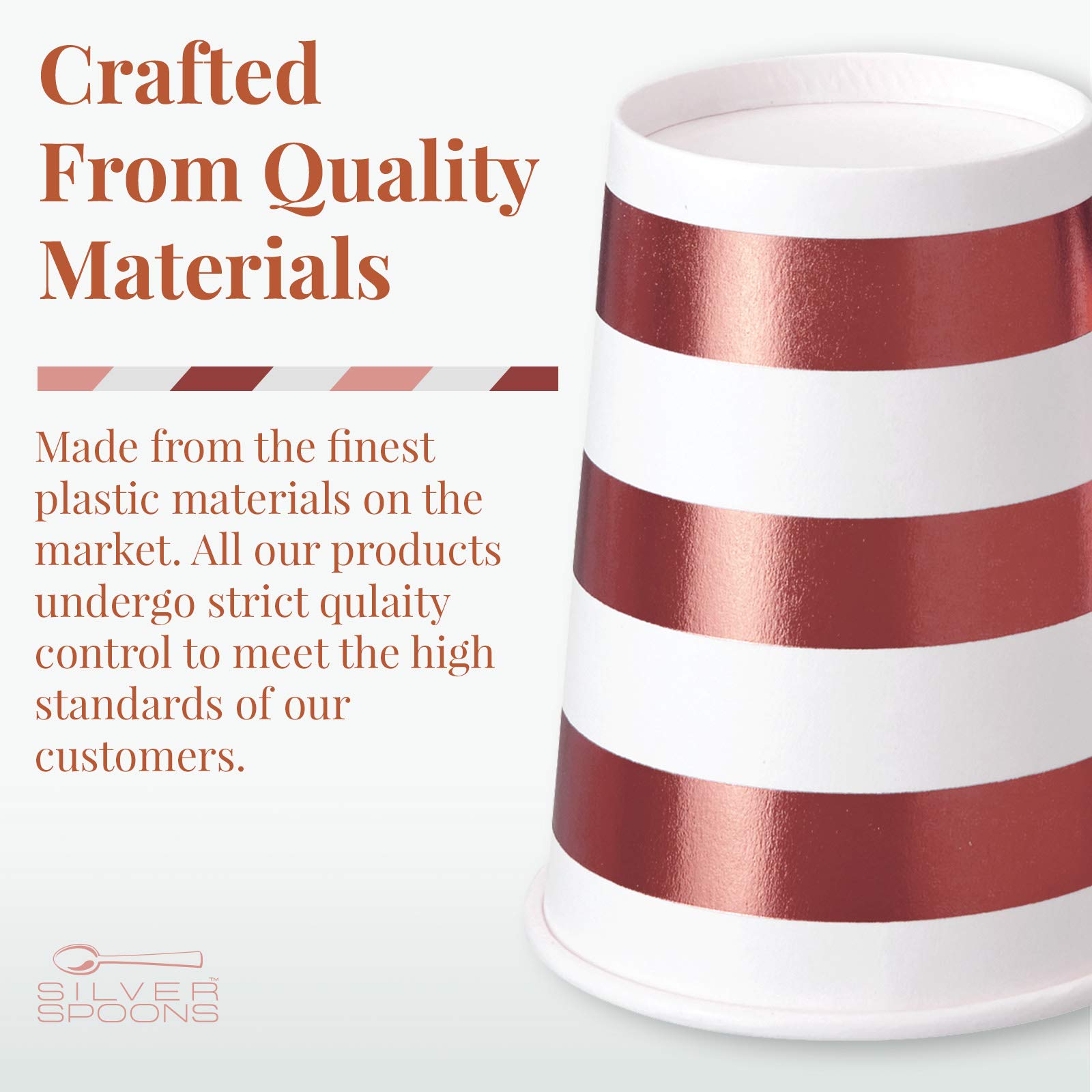 SILVER SPOONS Party Disposable Decorative HOT Cups | 9 oz | Metallic Rose Gold Stripe | for Upscale Parties and Events | 24 pc