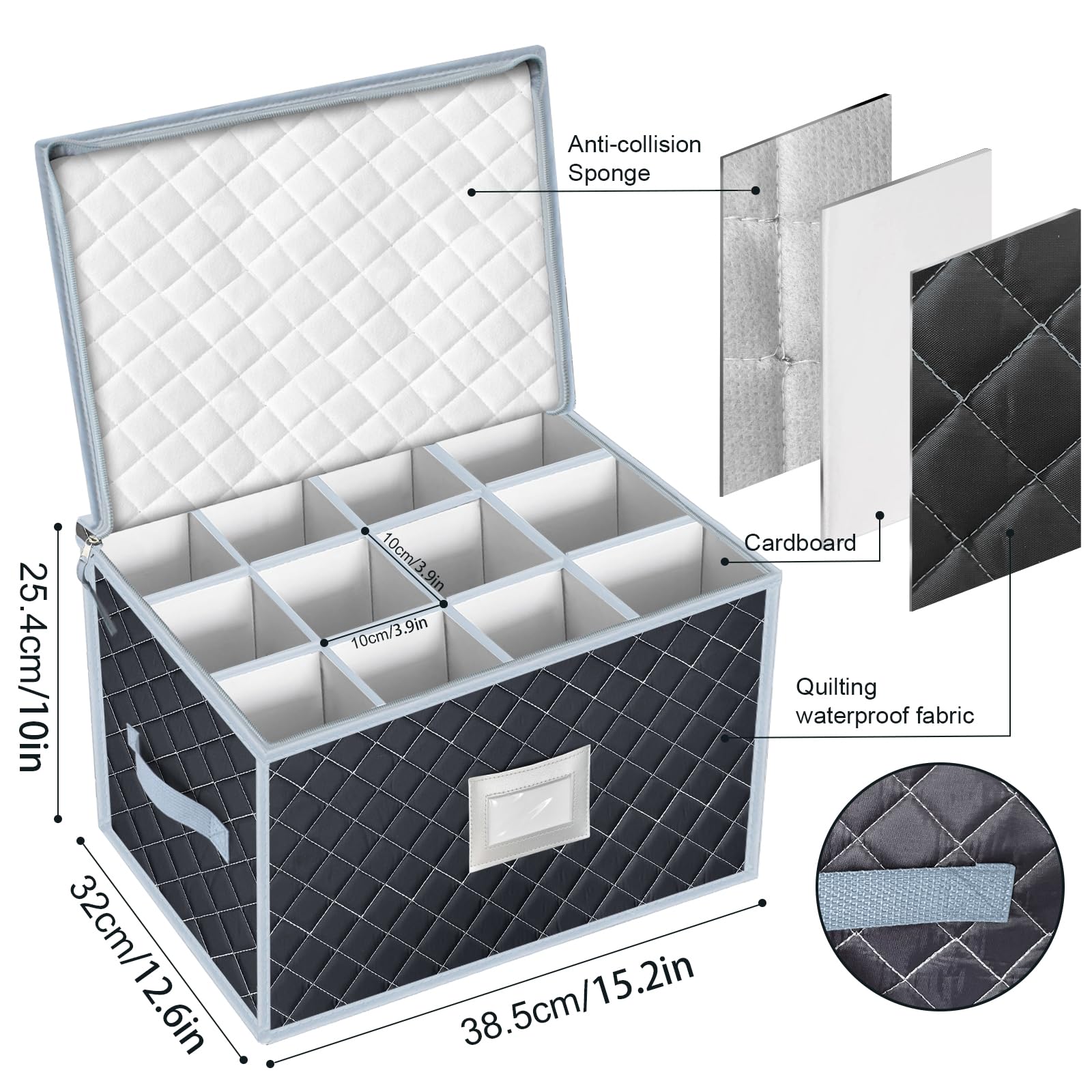 VERONLY Wine Glass Storage Box with Dividers Holds 24 Stemware Storage Cases or China Crystal Glassware Containers with Handles and Lable Window (15.5" x 12.5"x10")-Set of 2 Grey