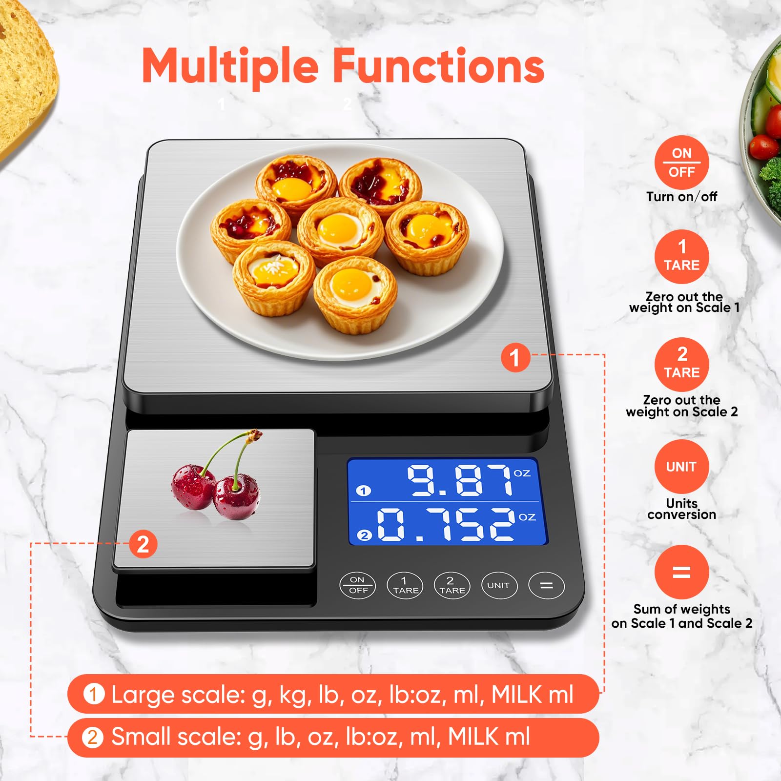 KUAIVO Dual Platform Digital Kitchen Scale, Two Scales in One, 33lb/15kg & 0.001oz/0.01g Precision, Coffee & Food Scale, Dual Display, Stainless Steel, Tare, g/oz/lb/ml