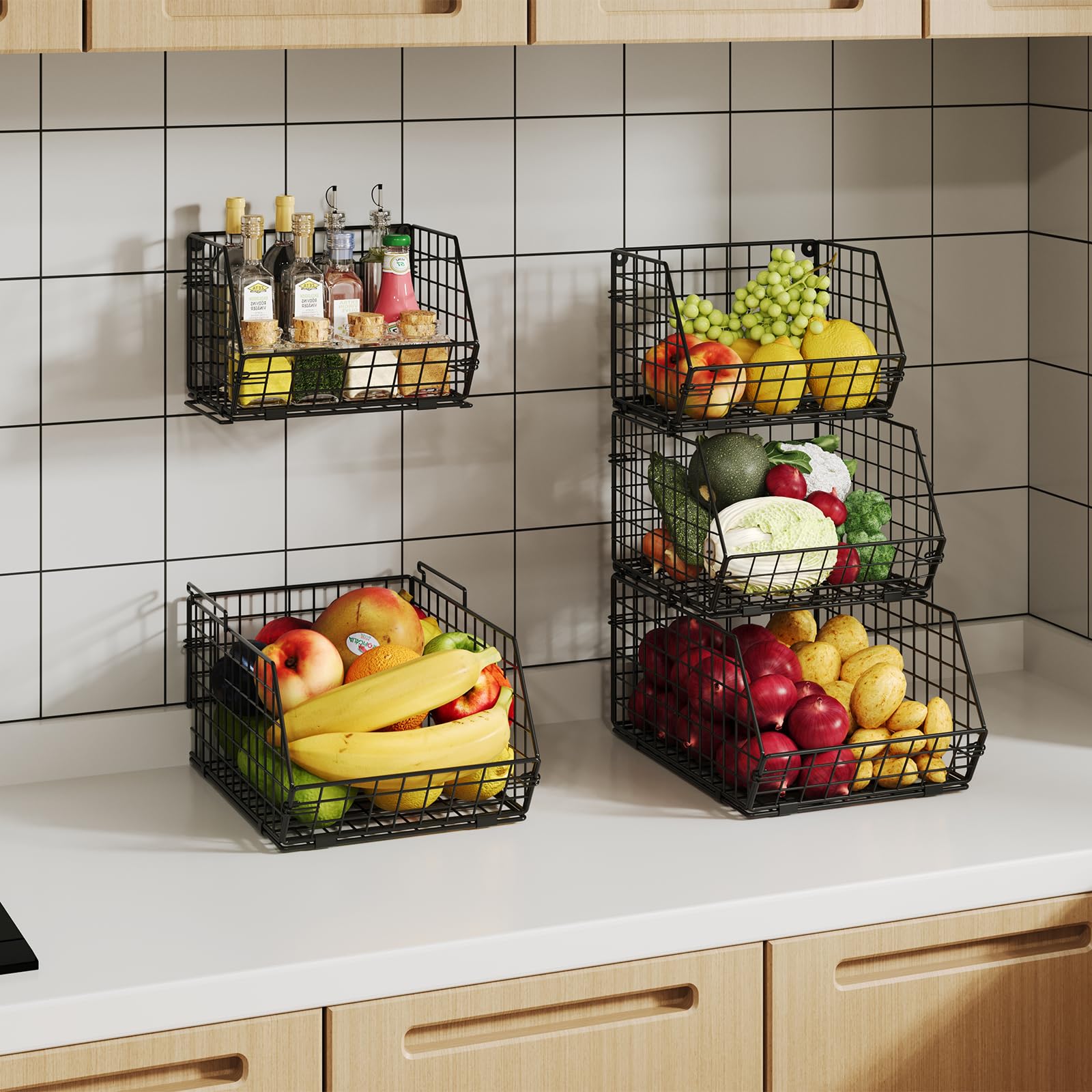 2-Tier Stackable Fruit Basket for Counter, Potato and Onion Storage Bin - Vegetable Basket for Kitchen, Wire Basket for Pantry Organizers- Metal Baskets for Snack Produce Can