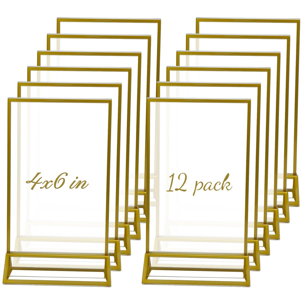 AeKeatDa 12 Pack Acrylic Sign Holders 4''x6'' Display Stand with Gold Border Double-Sided Clear Display Frames for Weddings, Table Numbers, Menus, Parties, and Restaurants