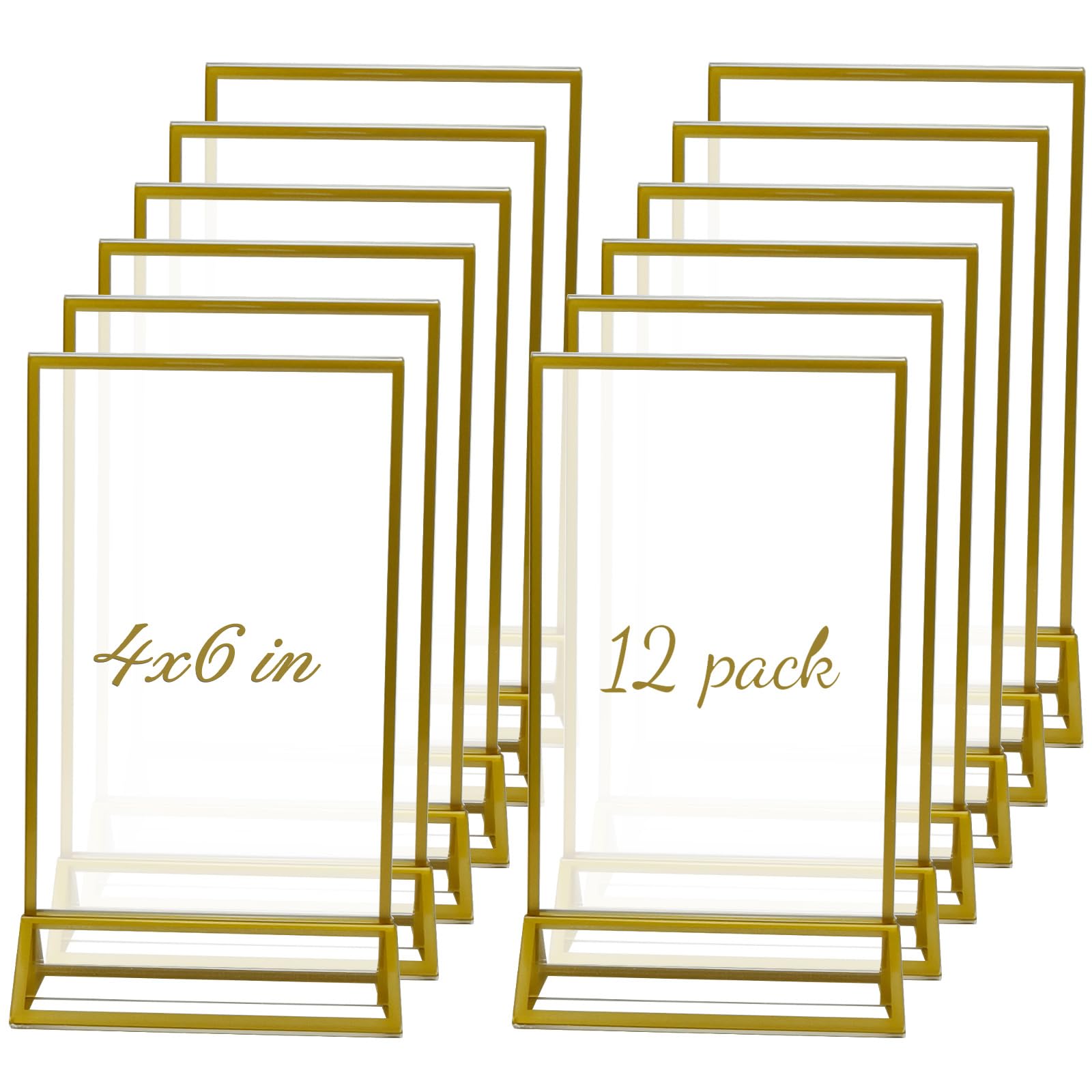 AeKeatDa 12 Pack Acrylic Sign Holders 4''x6'' Display Stand with Gold Border Double-Sided Clear Display Frames for Weddings, Table Numbers, Menus, Parties, and Restaurants