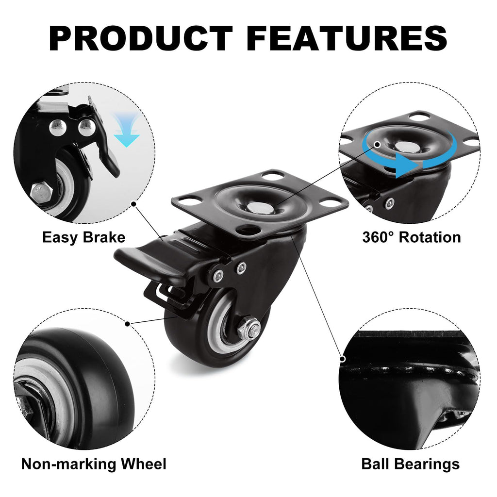 8 Set 2" Caster Wheels, Casters with Brake Heavy Duty Locking Casters with Polyurethane (PU) Wheels, Swivel Plate Castor Wheels for Cart, Furniture, Workbench