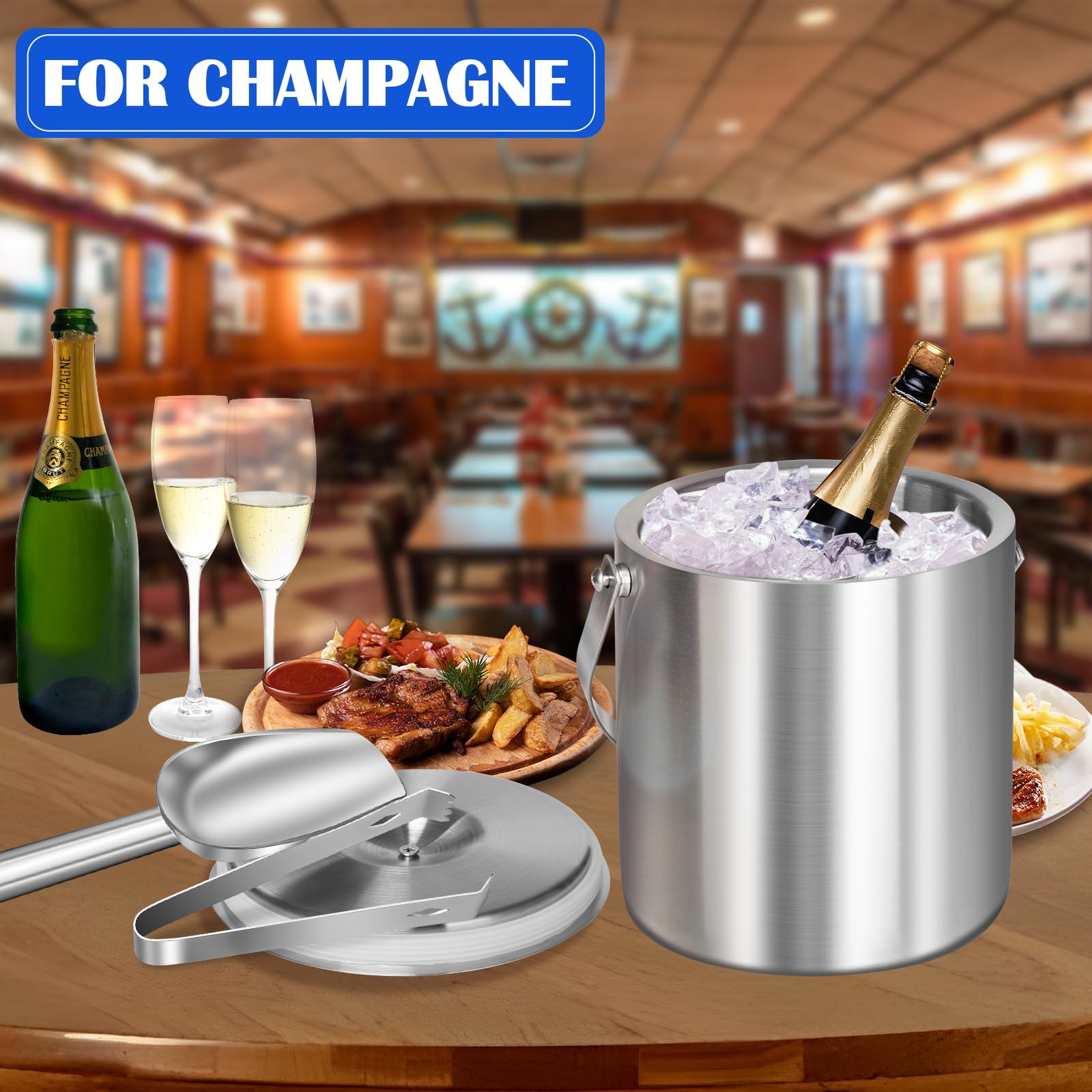 CAOANTRY Ice Bucket with Lid & Tong- Well Made Insulated Stainless Steel Keep Ice Frozen Longer - Ideal for Cocktail Bar, Parties, Chilling Wine, Champagne - 2 Liter (Stainless Steel)