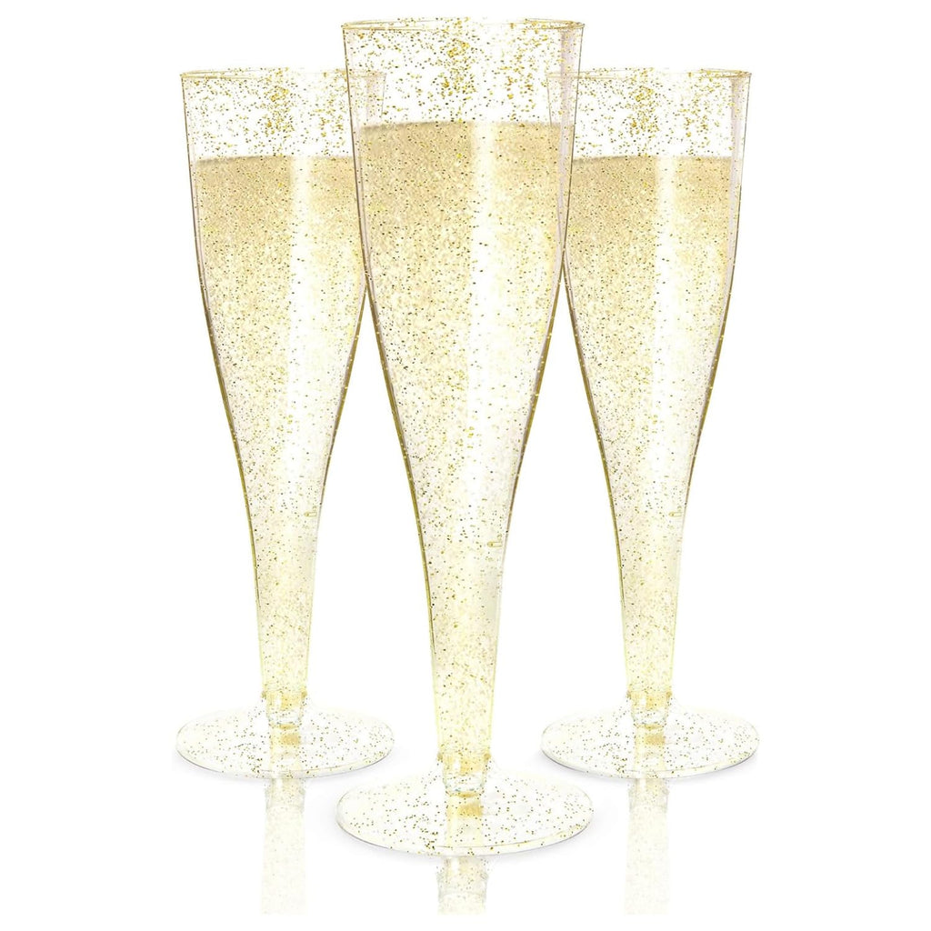 100 Plastic Champagne Flutes - Disposable Gold Glitter Plastic Champagne Glasses - Parties, Mimosa Bar, Events, Wedding, Shower Supplies - Disposable Wine Glass