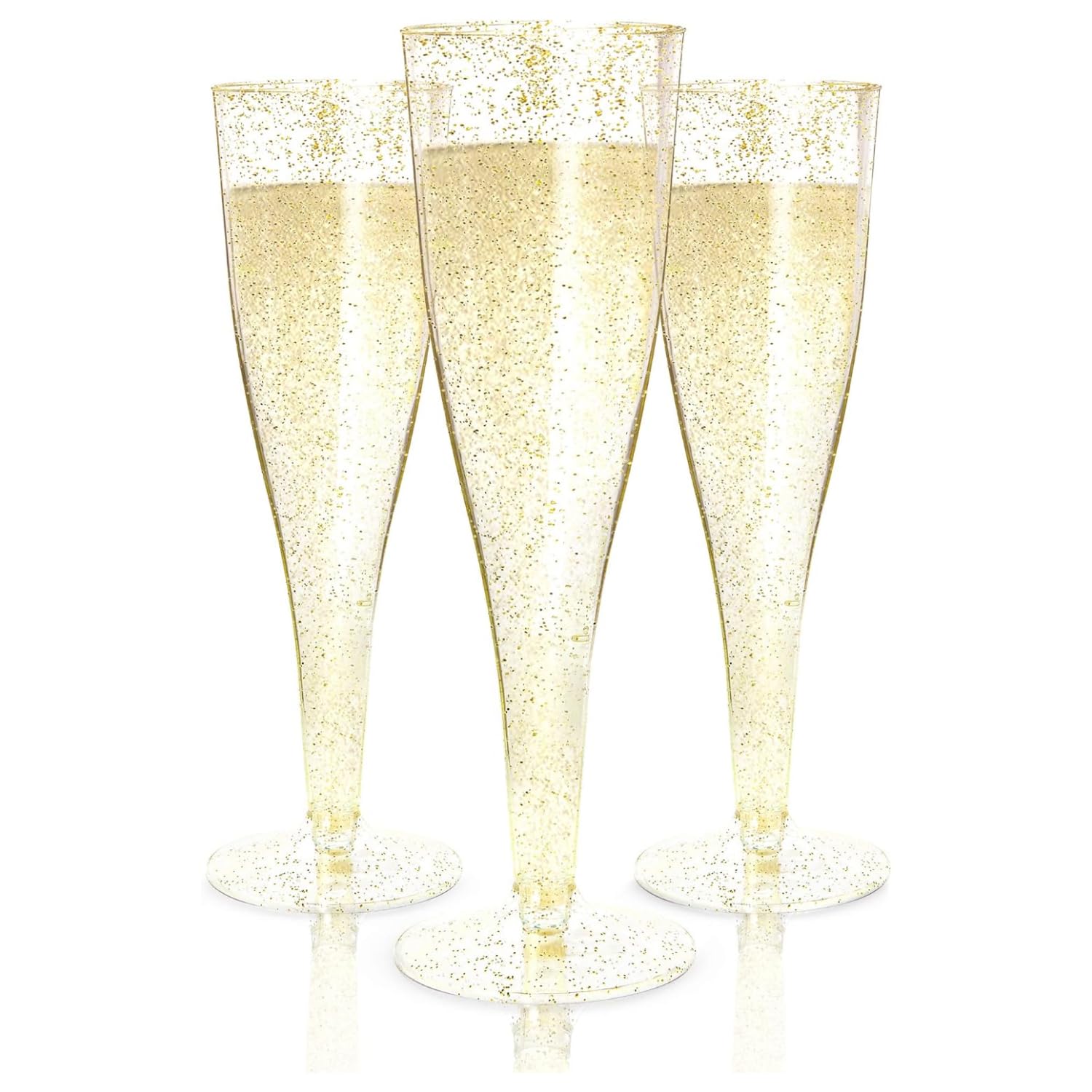 100 Plastic Champagne Flutes - Disposable Gold Glitter Plastic Champagne Glasses - Parties, Mimosa Bar, Events, Wedding, Shower Supplies - Disposable Wine Glass