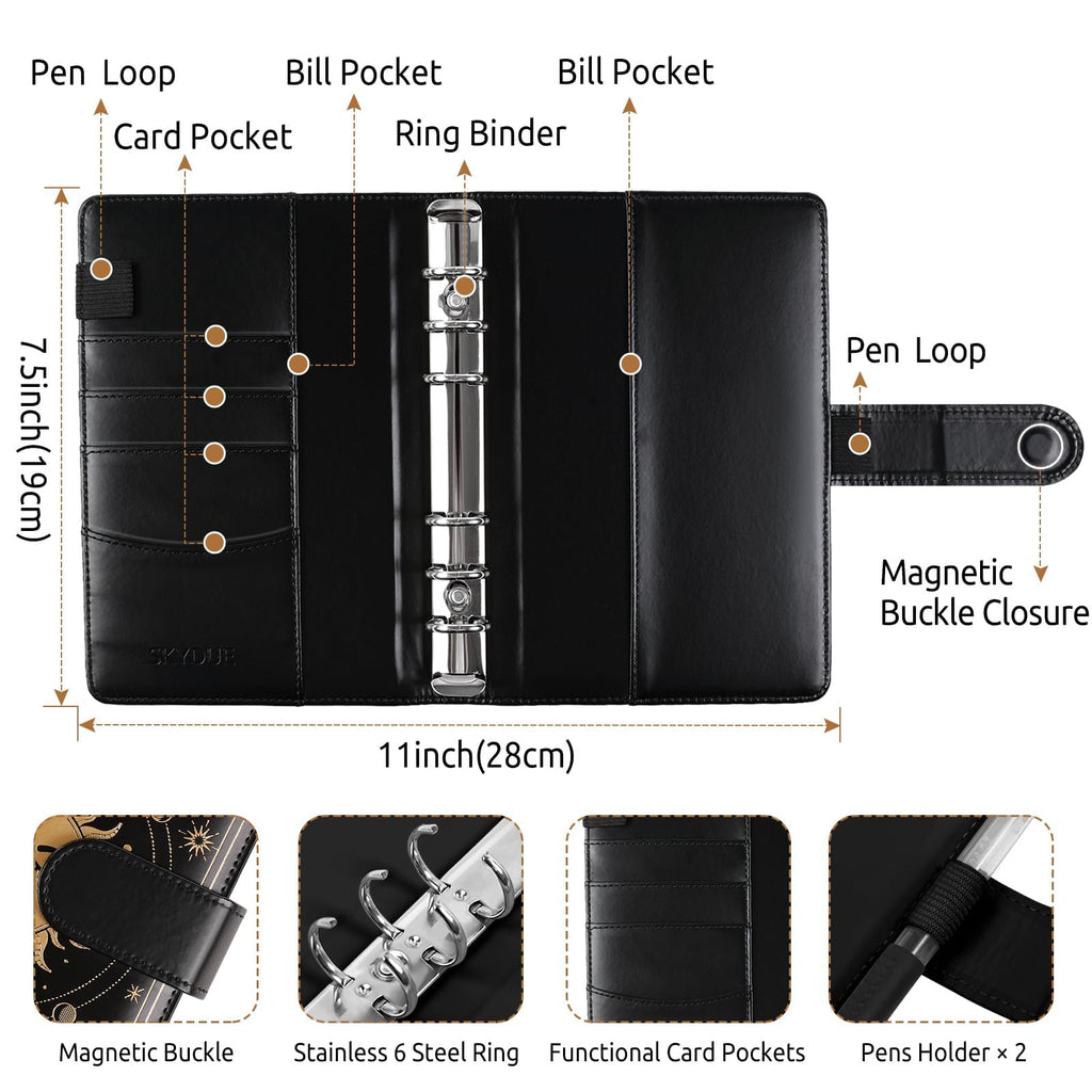 SKYDUE A6 Budget Binder with 8pcs Zipper Envelopes, Money Organizer for Cash with 12pcs Expense Budget Sheets & 24 Blak Sticky Labels, Budget Book with Cash Envelopes (Golden Black)