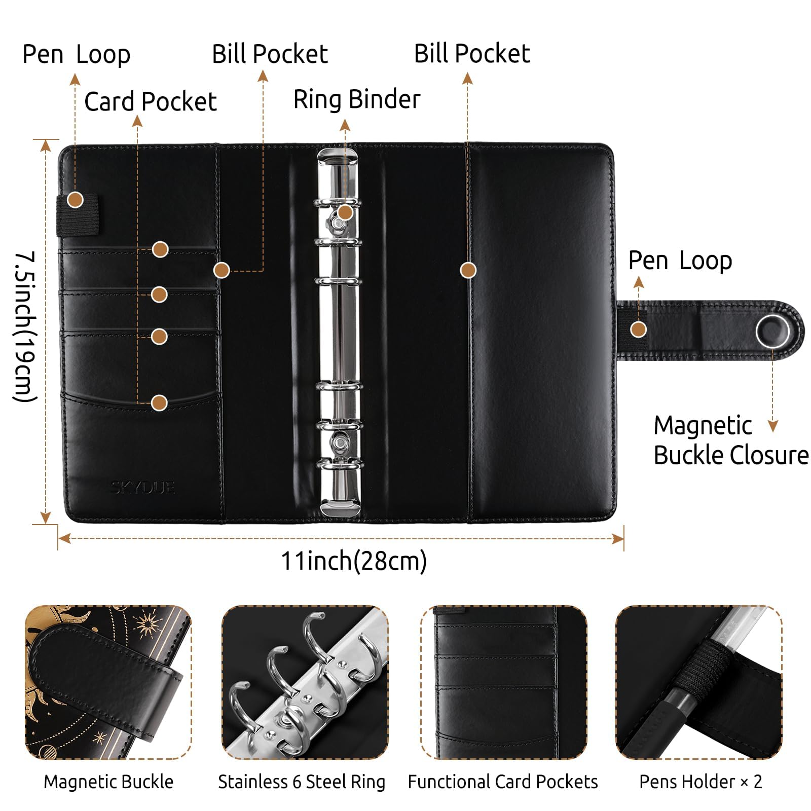 SKYDUE A6 Budget Binder with 8pcs Zipper Envelopes, Money Organizer for Cash with 12pcs Expense Budget Sheets & 24 Blak Sticky Labels, Budget Book with Cash Envelopes (Golden Black)