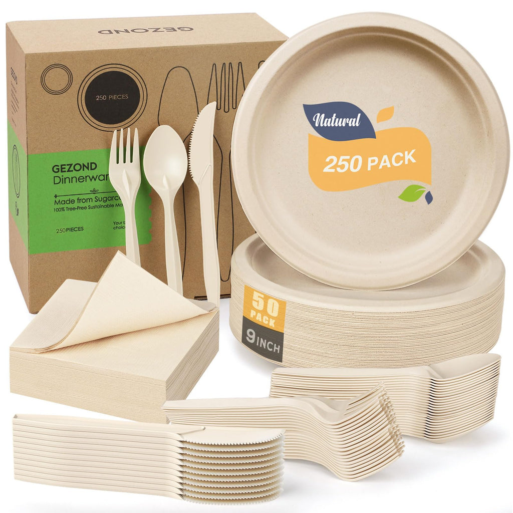 Gezond 250pcs Disposable Paper Plates Set Compostable Party Supplies, Biodegradable Dinnerware Include Paper Plates, Napkins, Utensils for Party Camping Picnic, 50 Each