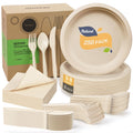 Gezond 250pcs Disposable Paper Plates Set Compostable Party Supplies, Biodegradable Dinnerware Include Paper Plates, Napkins, Utensils for Party Camping Picnic, 50 Each
