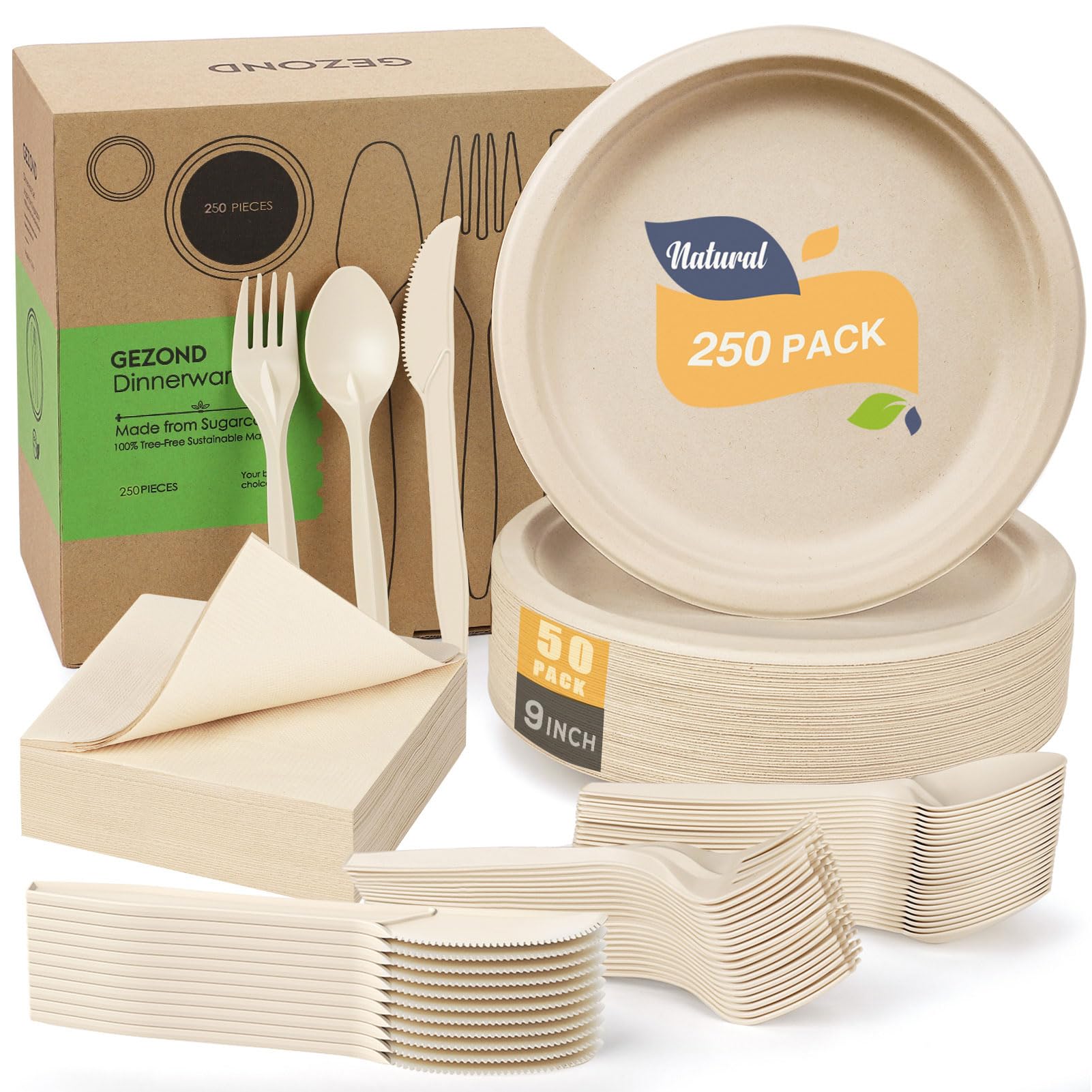 Gezond 250pcs Disposable Paper Plates Set Compostable Party Supplies, Biodegradable Dinnerware Include Paper Plates, Napkins, Utensils for Party Camping Picnic, 50 Each