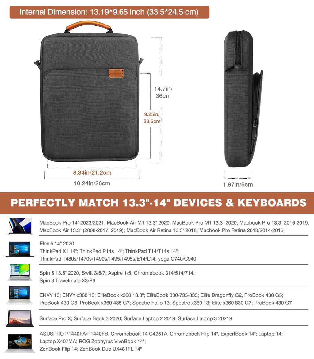 MoKo 13.3-14 Inch Laptop Sleeve Bag Fits MacBook Pro M3/M2 14" 2023, MacBook Pro 13" M2, New MacBook Air 13.6" M3/M2 2024/2022,Tab S8 Ultra 14.6",Handle Carrying Case with Shoulder Strap, Black & Gray