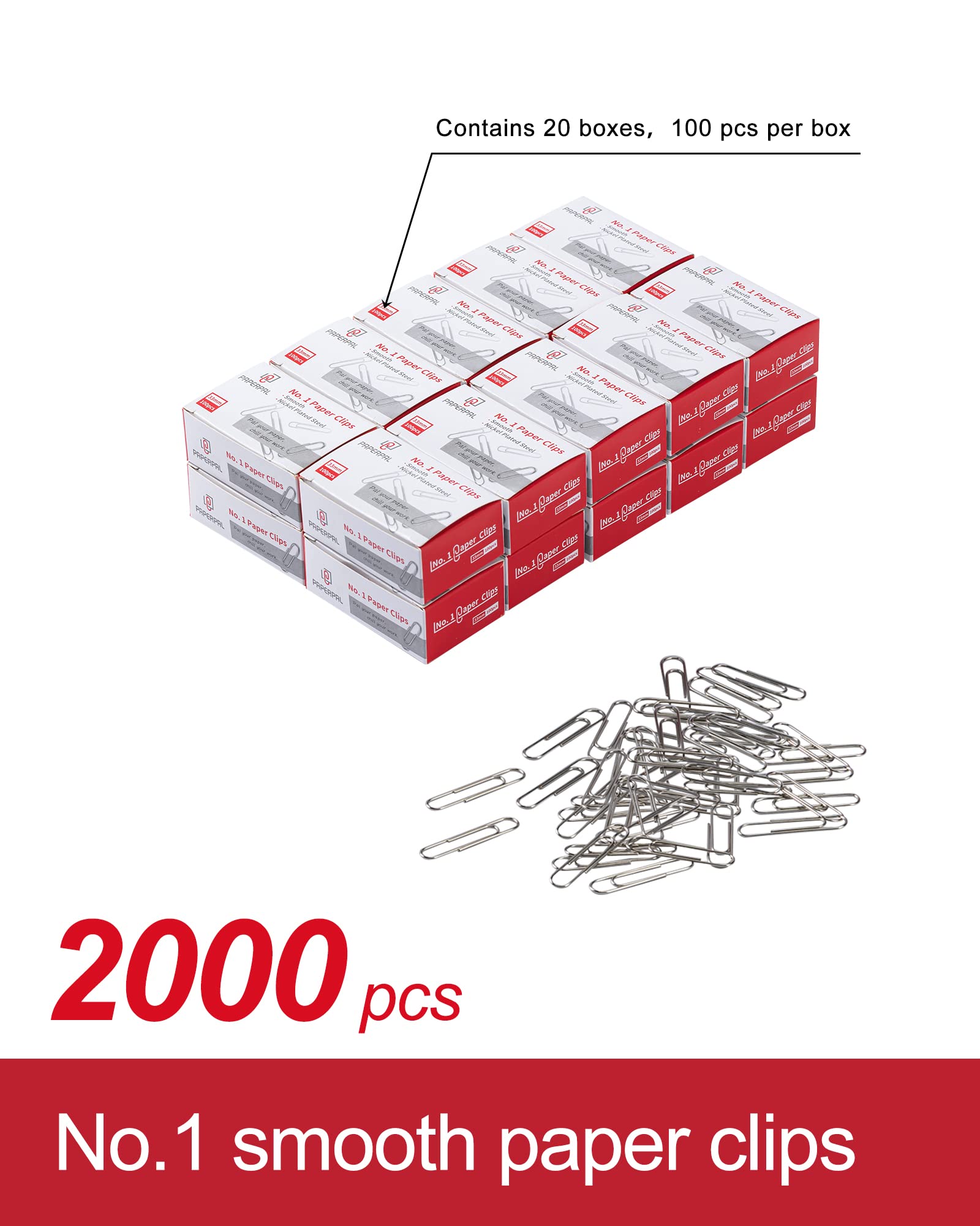 PAPERPAL #1 Smooth Paper Clips, 2000 Medium Paper Clips (20 Boxes of 100 Each), Bulk Paperclips for Office School & Personal Use, Daily DIY, 1-2/7” Silver Paper Clip Standard Size nh33-20