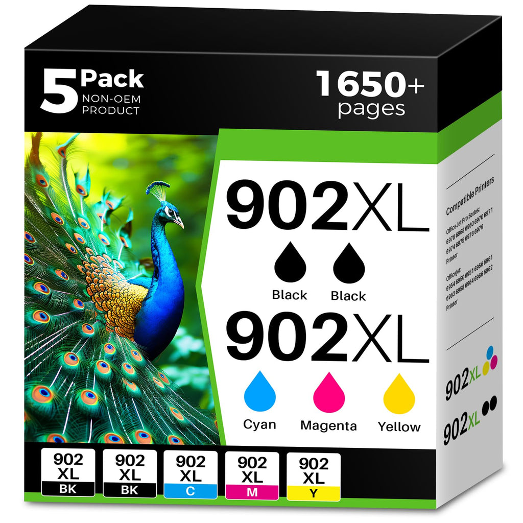 （5-Pack 902XL Ink Cartridges Combo Pack Compatible for HP 902 XL Ink Cartridges Work with HP Officejet Pro 6978 6960 6962 6968 6954 6958 6950 6951 6970 Printers (Black, Cyan, Magenta, Yellow）