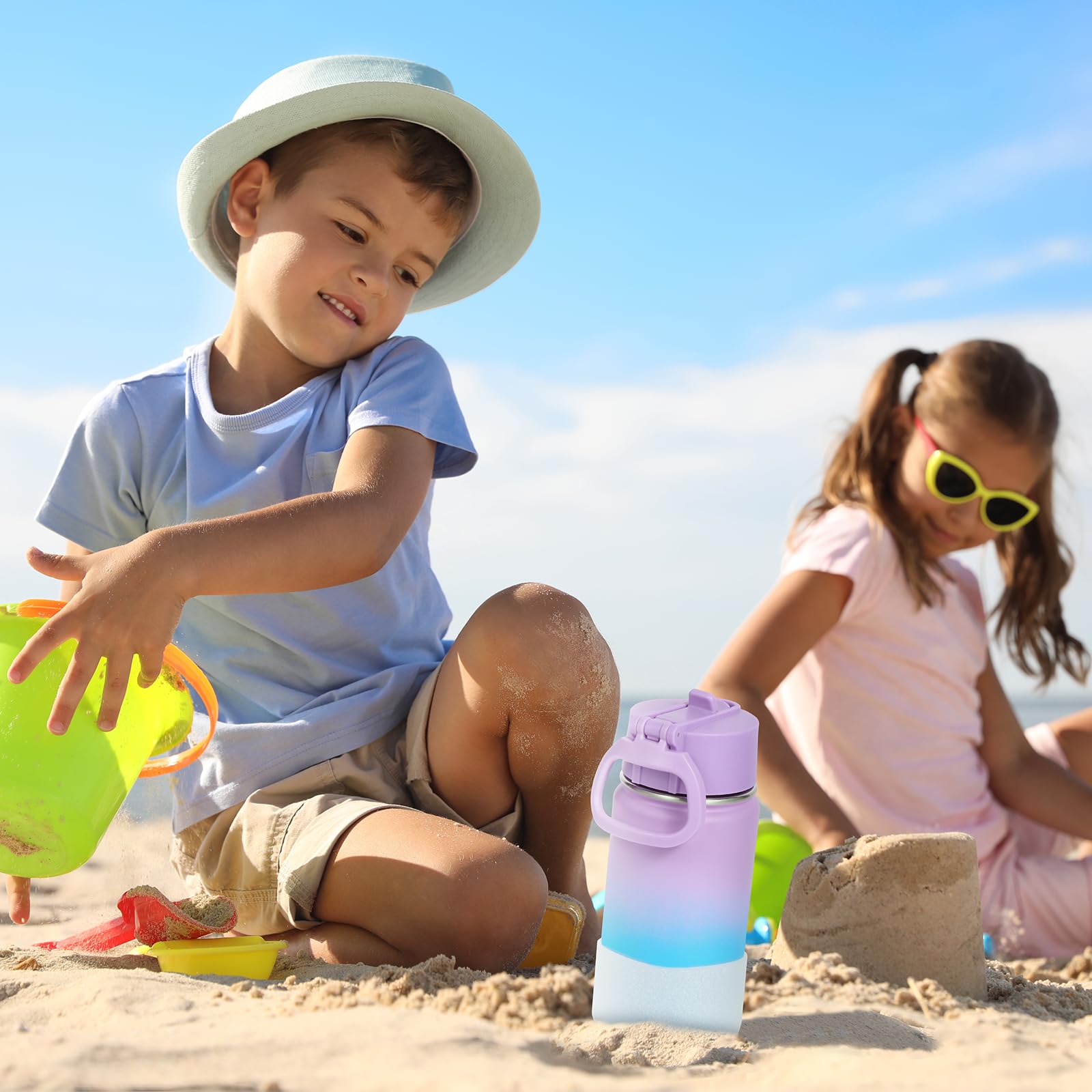Volhoply 14oz Water Bottle with Straw Lid and Silicone Boot Bulk 2 Pack,Stainless Steel Insulated Flask for Boys & Girls Multipack,Double Wall Vacuum Leakproof Kids bottles(Assorted,2)