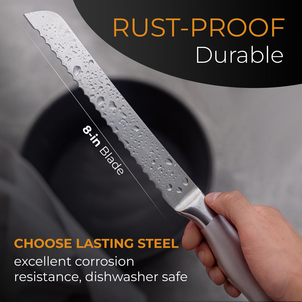 Orblue Serrated Bread Knife with Upgraded Stainless Steel Razor Sharp Wavy Edge Width - Bread Cutter Ideal for Slicing Homemade Bread, Bagels, Cake (8-Inch Blade with 5-Inch Handle)