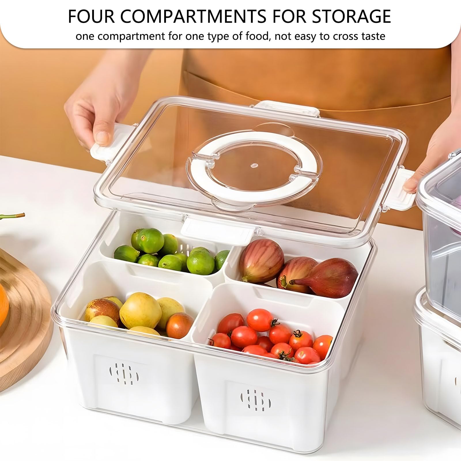 Fridge Organizer with Lids,4 Compartment Airtight Veggie Fruit Storage Containers for Fridge with Handle,Stackable Organizer,Fresh Produce Saver for Food and Storage for Fruit,Veggie