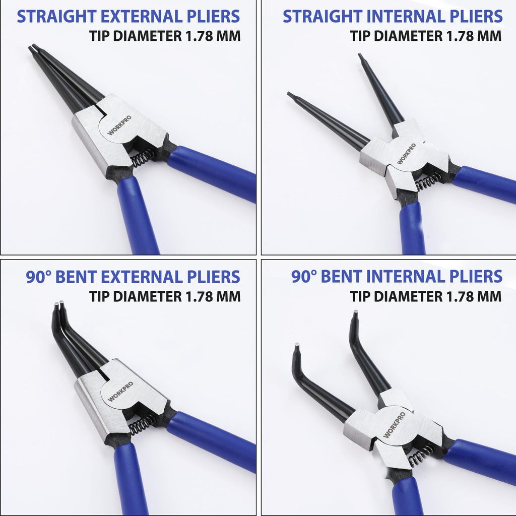 WORKPRO 4-Piece Snap Ring Pliers Set, 7-Inch Internal and External Circlip Pliers Kit with Straight and Bent Jaw, for Ring Remover Retaining, Storage Pouch Included