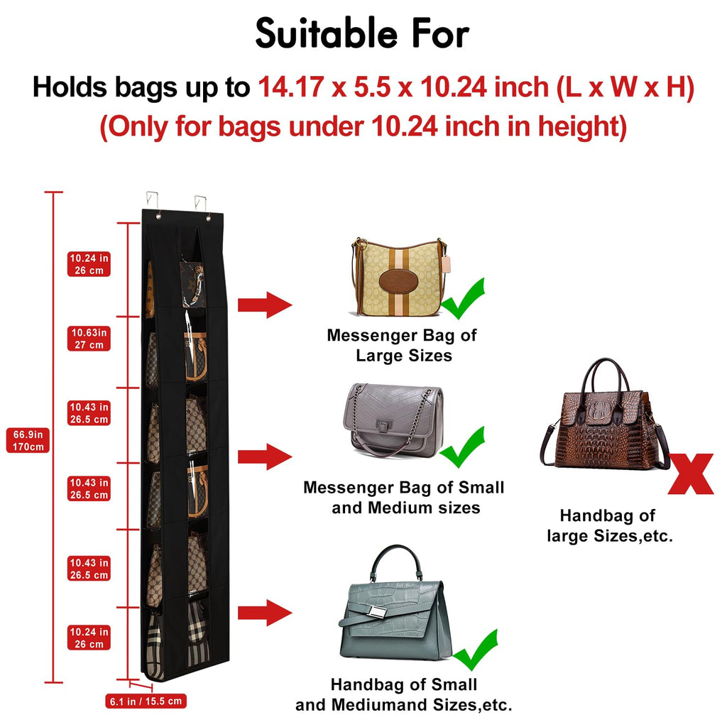 Lirex Over the Door Organizer, 2 Pack Handbag Storage with 6-Tier Space-Saving for Door or Closet, Handbag Hanger, Black