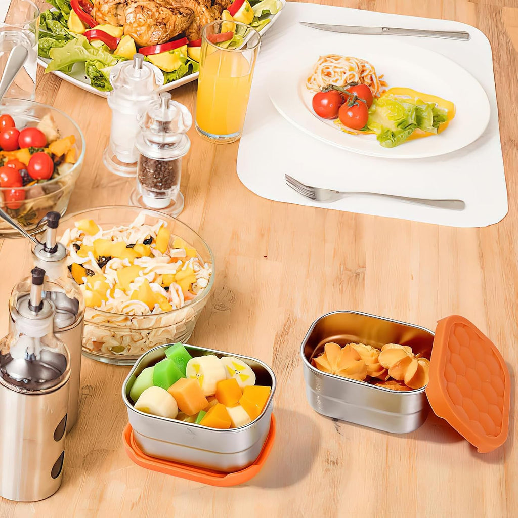 6 Pack Food Container Set, 8 Oz Small Stainless Steel Lunch Container with Orange Silicone Lid, Leak Proof Food Storage Containers Metal Lunch Box for Adults, Snack, Sandwich