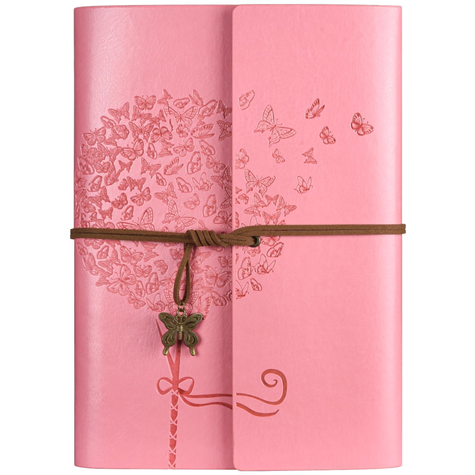 Leather Notebook Journal, Travel Journal with 2 Pockets, Vintage Refillable Journal for Writing, Diary Journal for Women, Men, Girls and Boys, 100GSM Lined Paper, 160 Pages (Pink, A5)