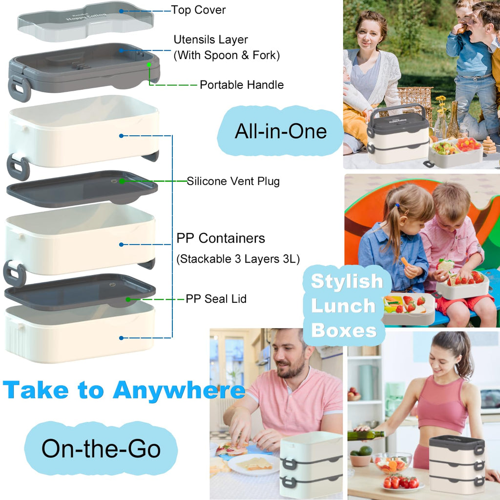 Bento Box Adult Lunch Box, Stackable 3 Layers Large Capacity Lunch Containers, Microwave and Dishwasher Safe Food Grade Containers with Utensils, Dividers and Sauce Boxes for Men, Women, Kids