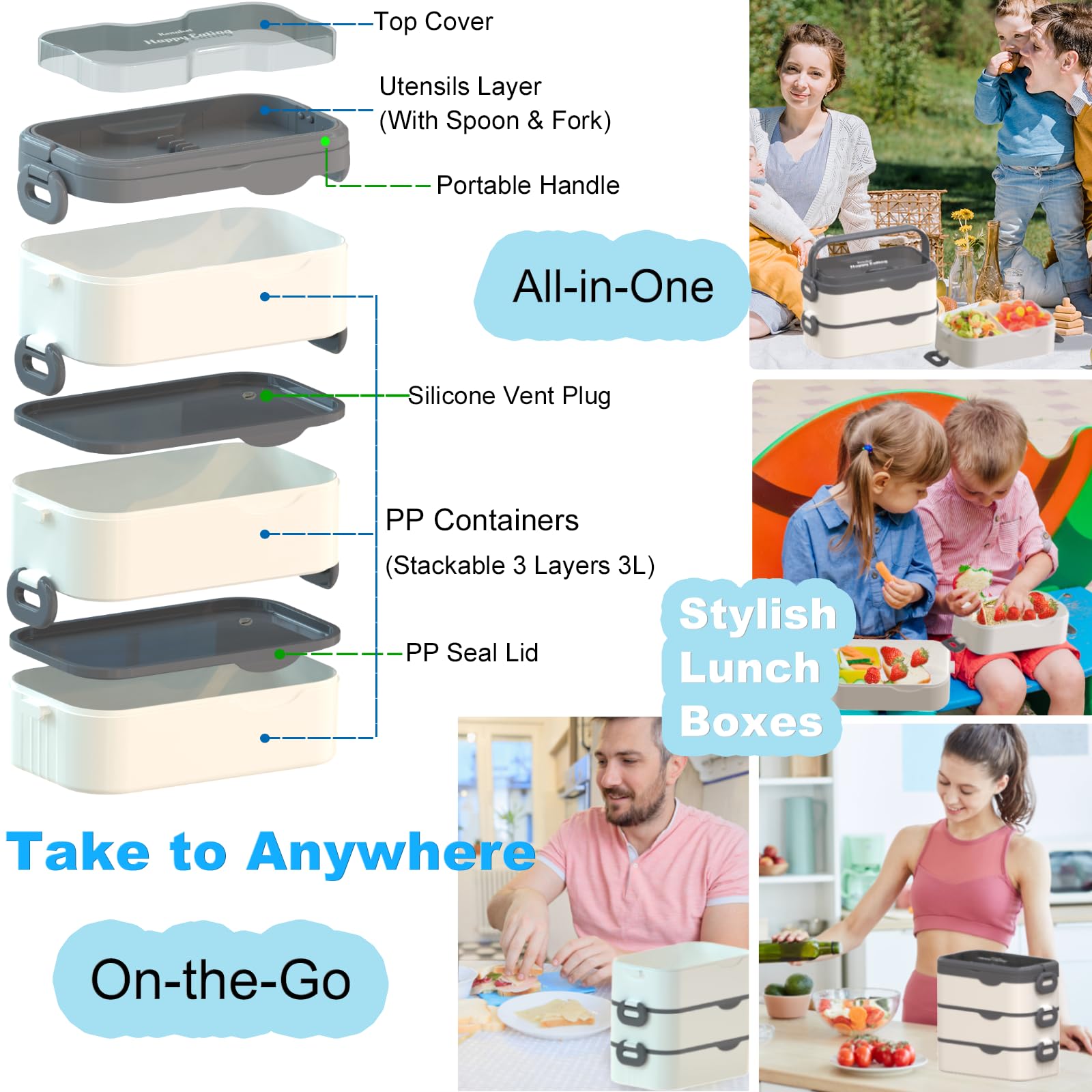 Bento Box Adult Lunch Box, Stackable 3 Layers Large Capacity Lunch Containers, Microwave and Dishwasher Safe Food Grade Containers with Utensils, Dividers and Sauce Boxes for Men, Women, Kids