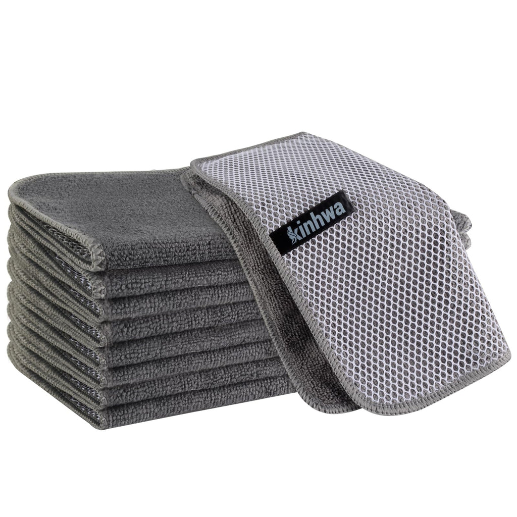 KinHwa Microfiber Dish Cloths Super Absorbent Kitchen Wash Cloth Dish Rags for Washing Dishes Fast Drying Cleaning Cloth with Scrub Side (Grey, 10inch X10inch 9Pack)