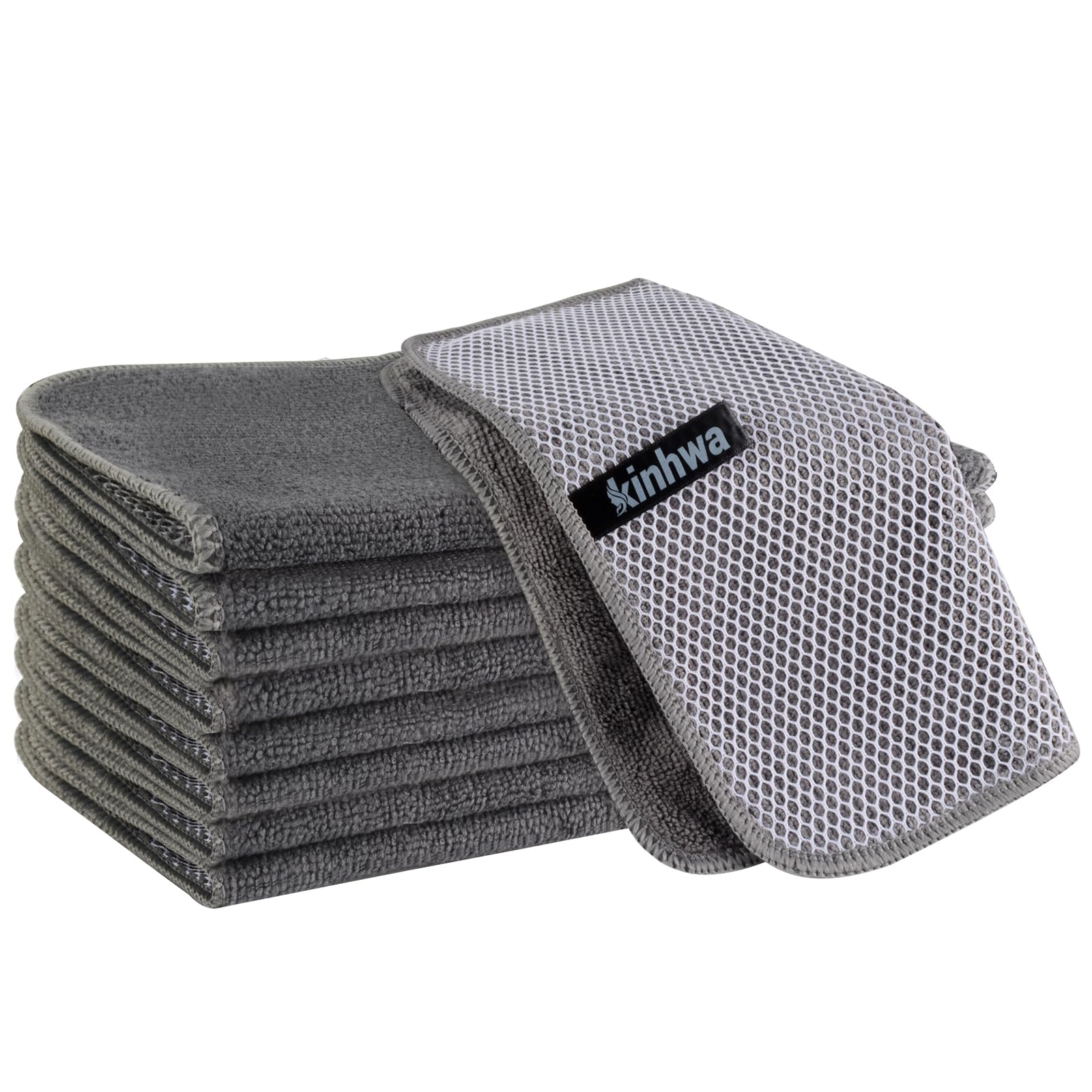 KinHwa Microfiber Dish Cloths Super Absorbent Kitchen Wash Cloth Dish Rags for Washing Dishes Fast Drying Cleaning Cloth with Scrub Side (Grey, 10inch X10inch 9Pack)
